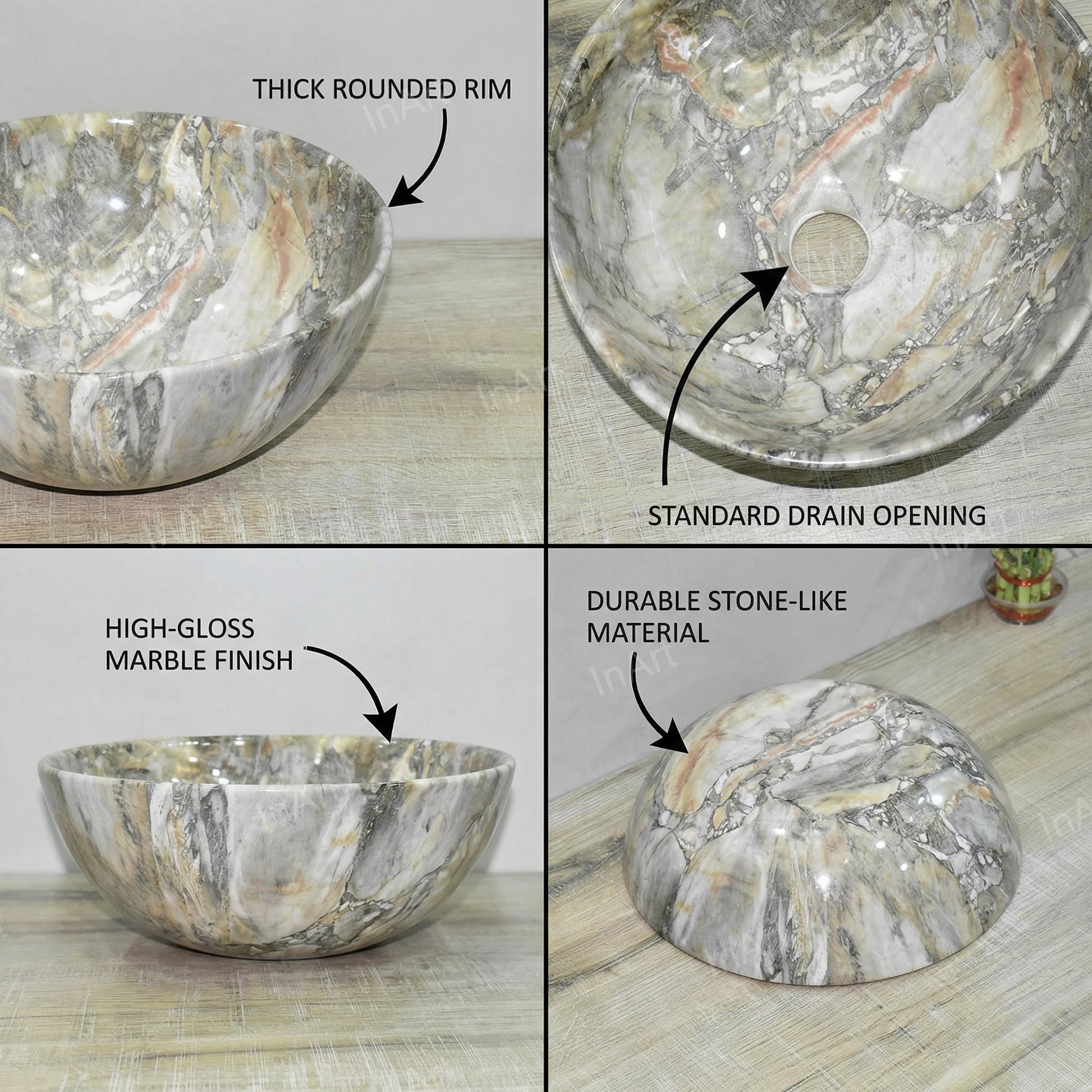 Vessel sink on vanity angled view of InArt round ceramic vessel bowl sink, green marble glossy