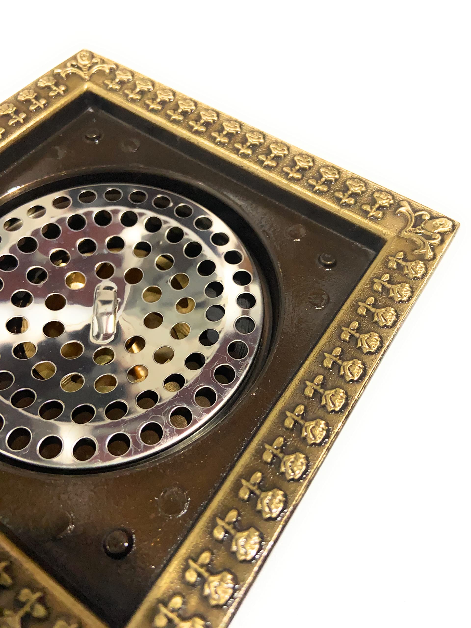 Square brass floor drain for bathroom or kitchen tile, 4 inch outlet bottom connection view