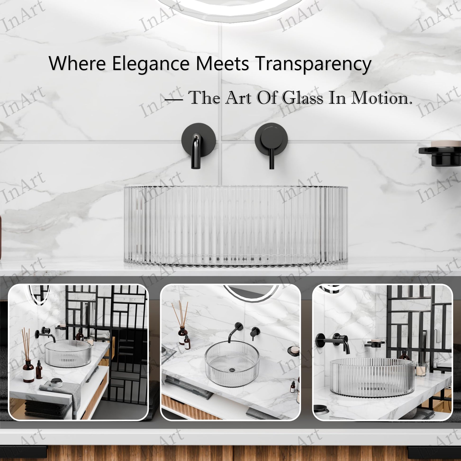 Tempered clear glass bathroom sink bowl detail, round vessel basin with polished transparent finish