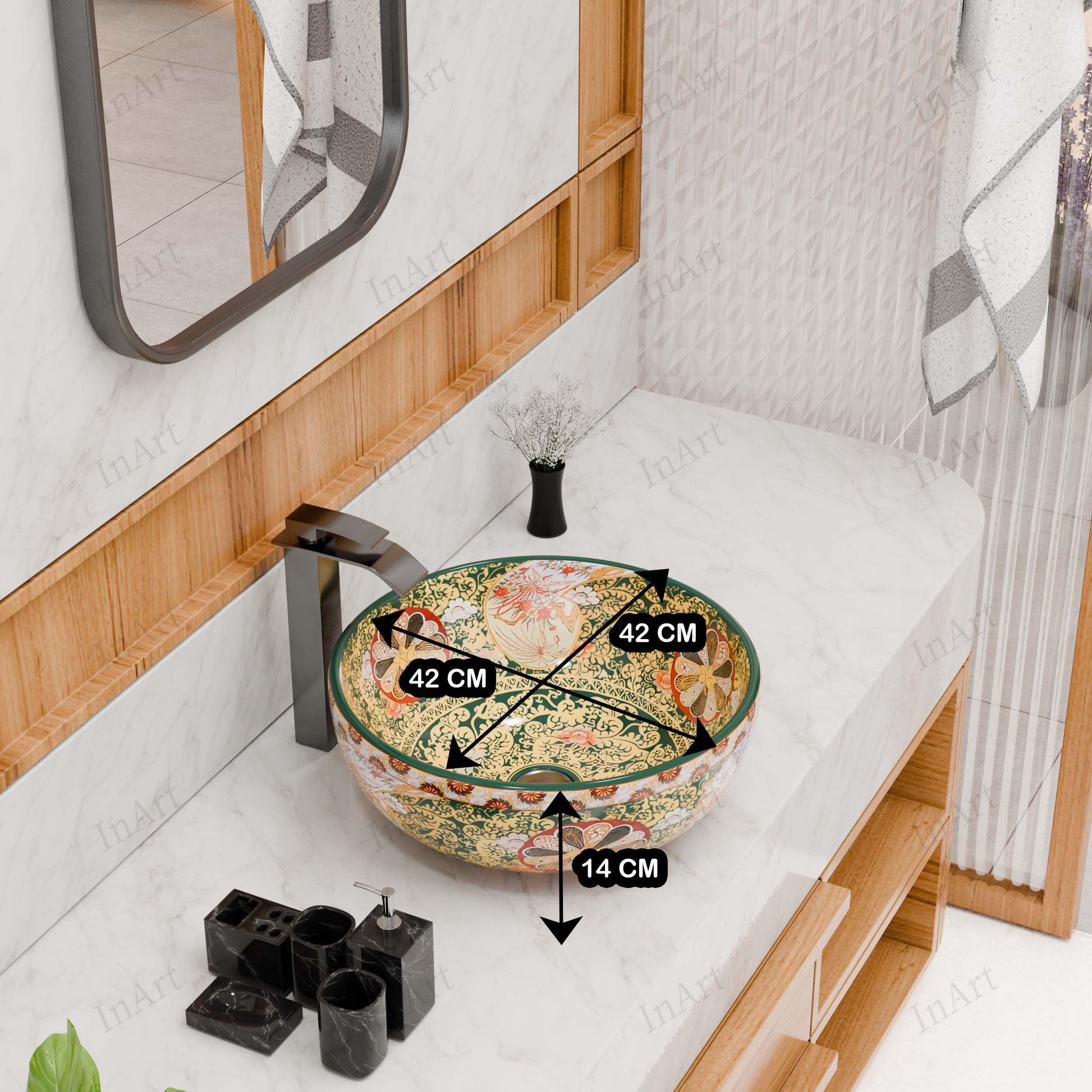 InArt Vessel Sinks for Bathrooms 16.5" – Ceramic, Glossy Green, Patterned Glaze, additional product view 9
