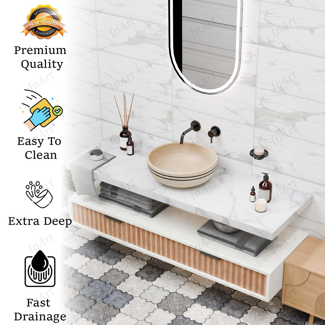 InArt Vessel Sinks for Bathroom 15.75" – Ceramic, Beige Satin, Textured Pattern