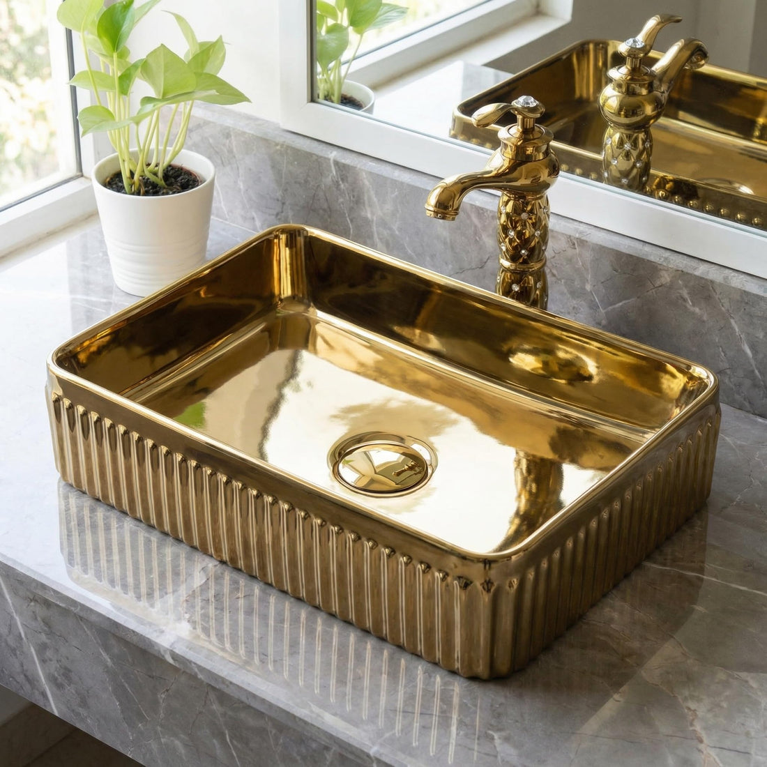 Sink on top of vanity InArt rose gold rectangular ceramic vessel sink 48x34cm tabletop wash basin