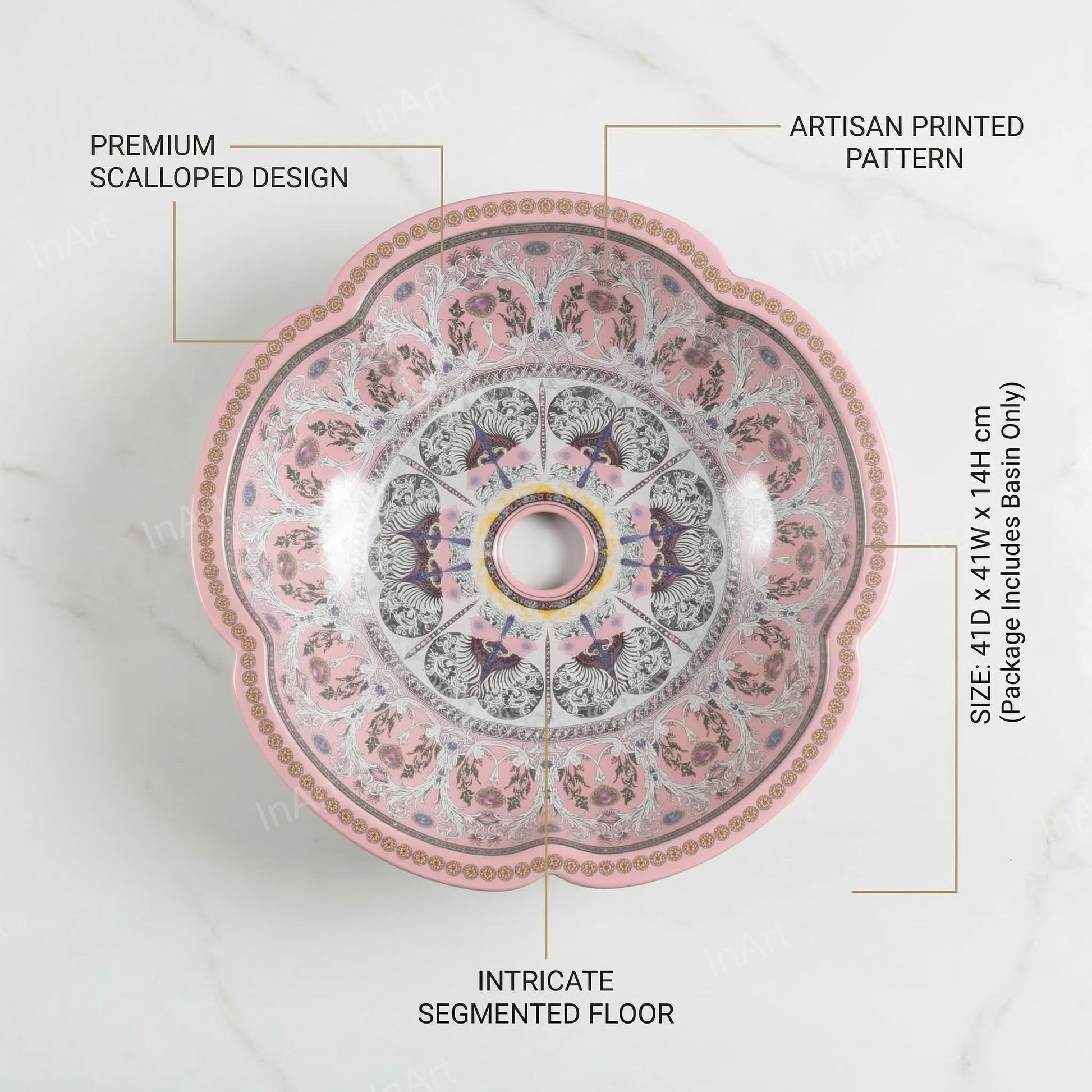 InArt Glossy Pink Ceramic Round Vessel Sink – Sink on Top of Vanity, 16" Scalloped, additional product view 2