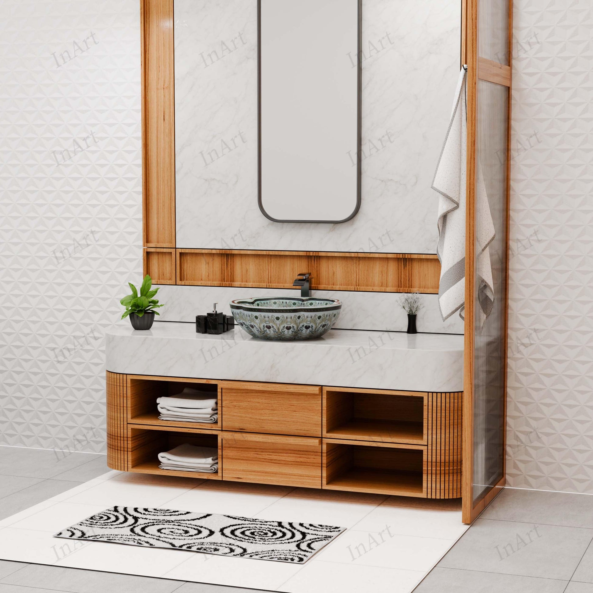 InArt Vessel Sinks for Bathroom 16" – Ceramic, Glossy Aqua Pattern, Scalloped Rim, additional product view 9