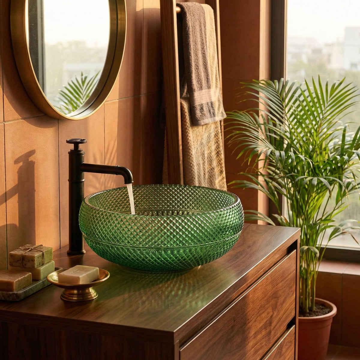InArt Green Glass Round Vessel Sink – Diamond-Cut Faceted Bowl, 16.5", additional product view 4