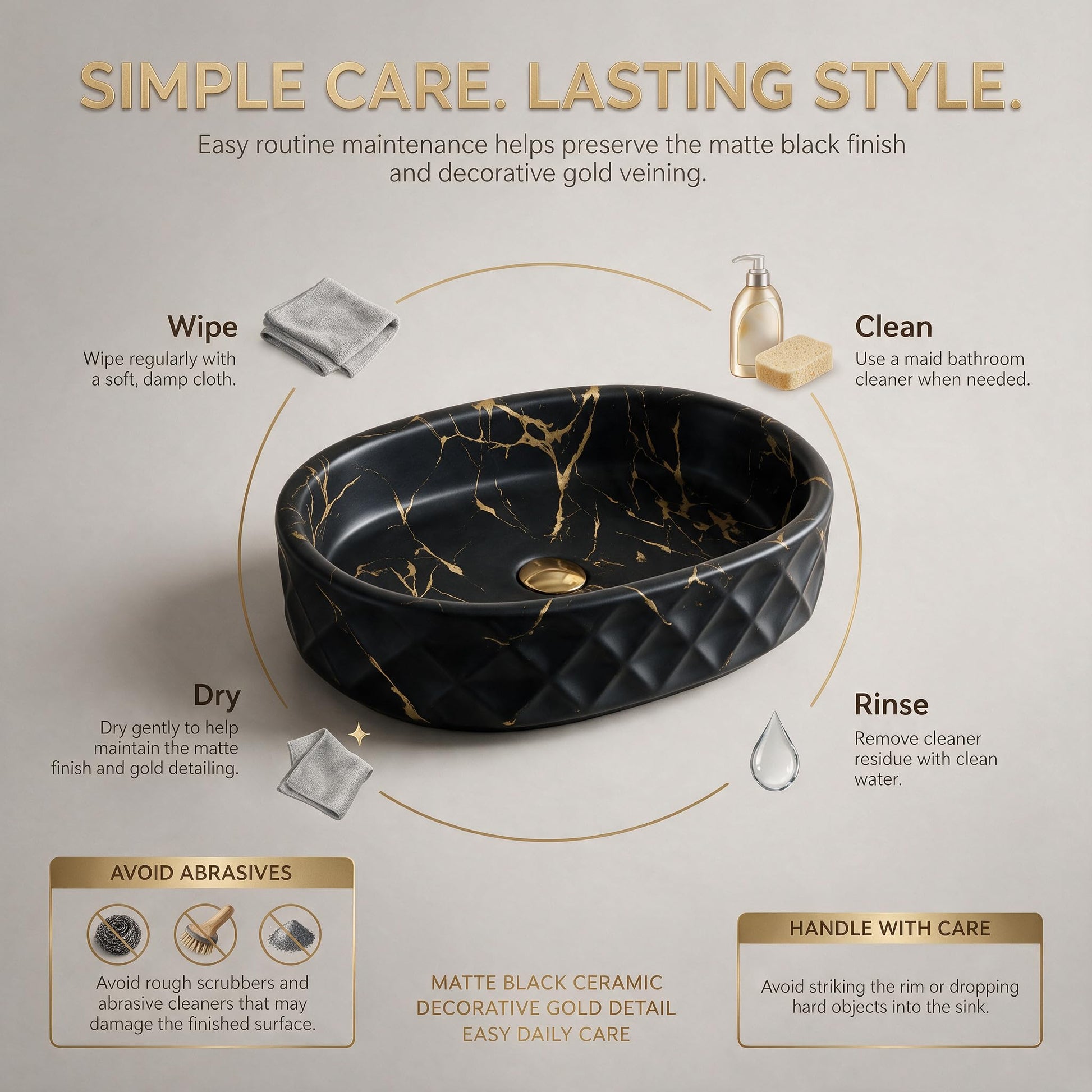 Black and Gold Oval Ceramic vessel bathroom sink, additional product view 7