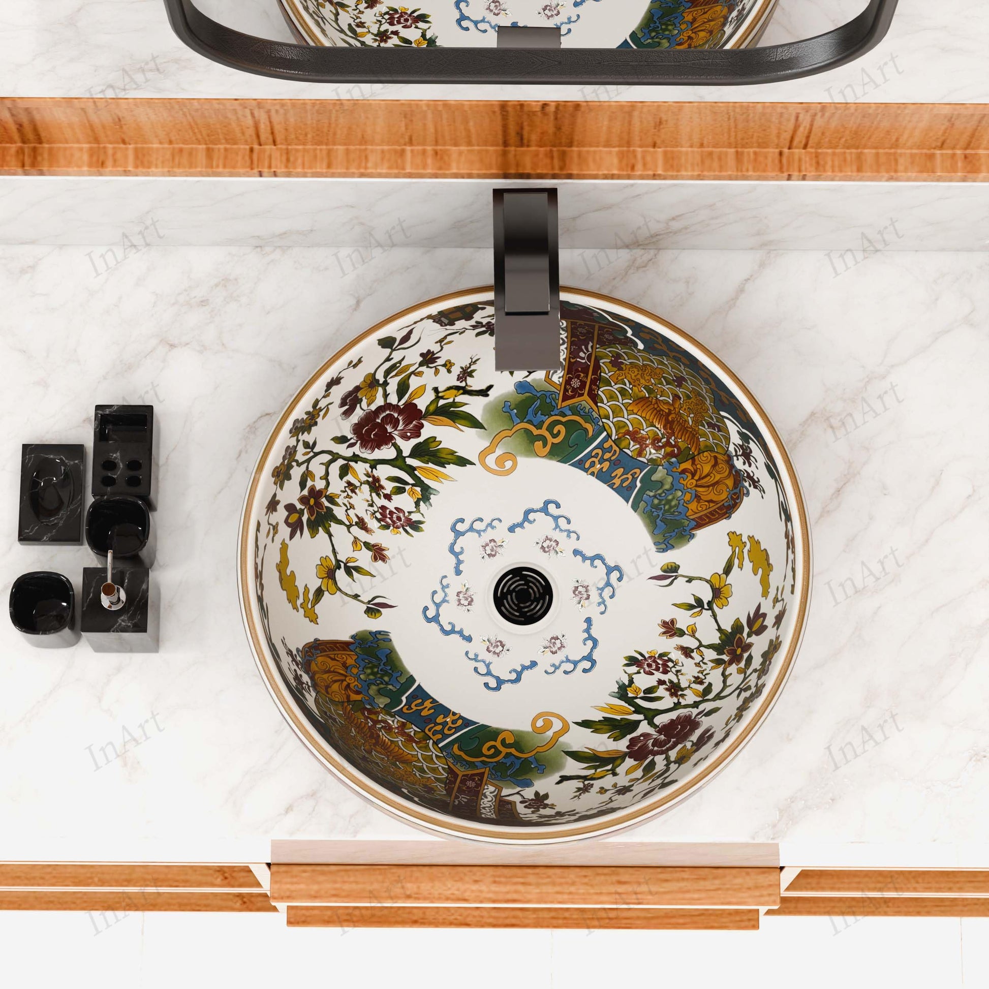 InArt Glossy Multicolor Ceramic Round Vessel Sink – Hand-Painted Pattern, 16.5", additional product view 3