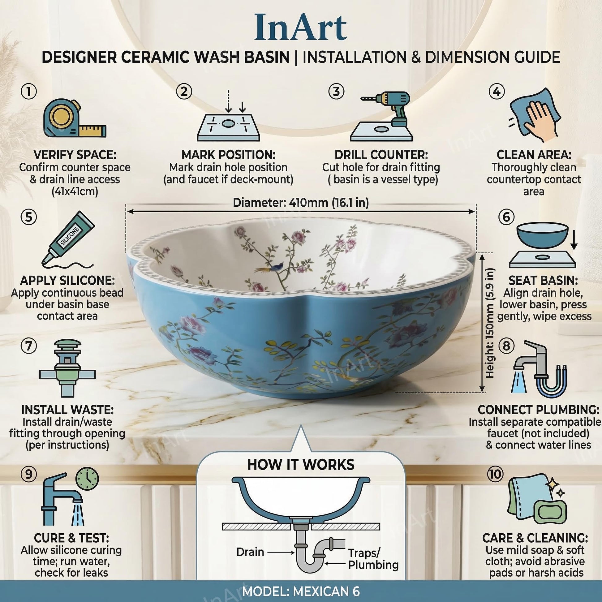 InArt Glossy Light Blue Ceramic Round Vessel Sinks – Scalloped Rim, 16", additional product view 6