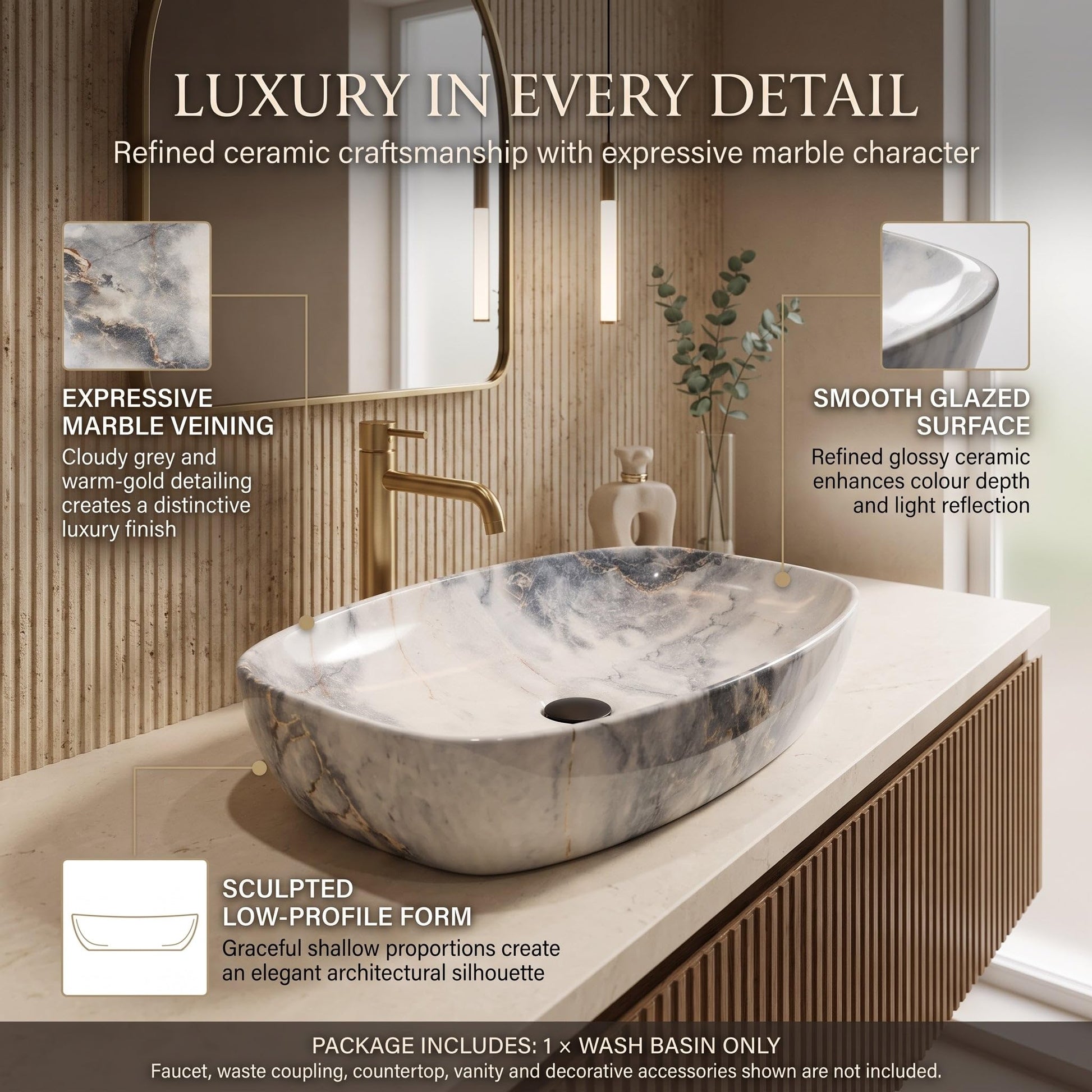 White, Blue and Gold Rectangular Ceramic vessel bathroom sink, additional product view 7
