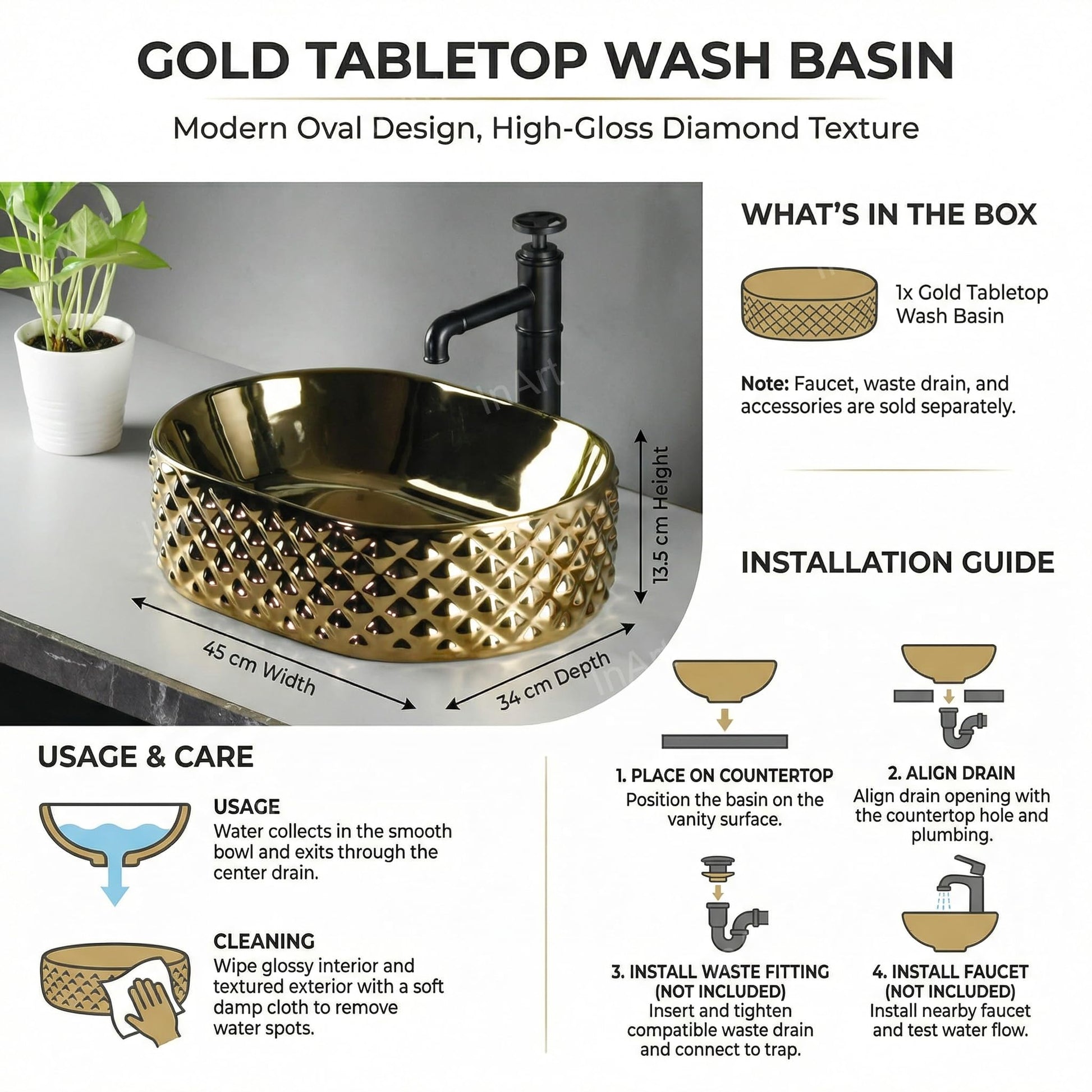 Bathroom cabinet for vessel sink styling, modern oval ceramic vessel sink in glossy gold