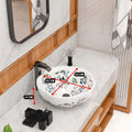 Vessel bowl vanity angle view of round glossy white ceramic Moroccan floral countertop basin, 42 x 42 cm