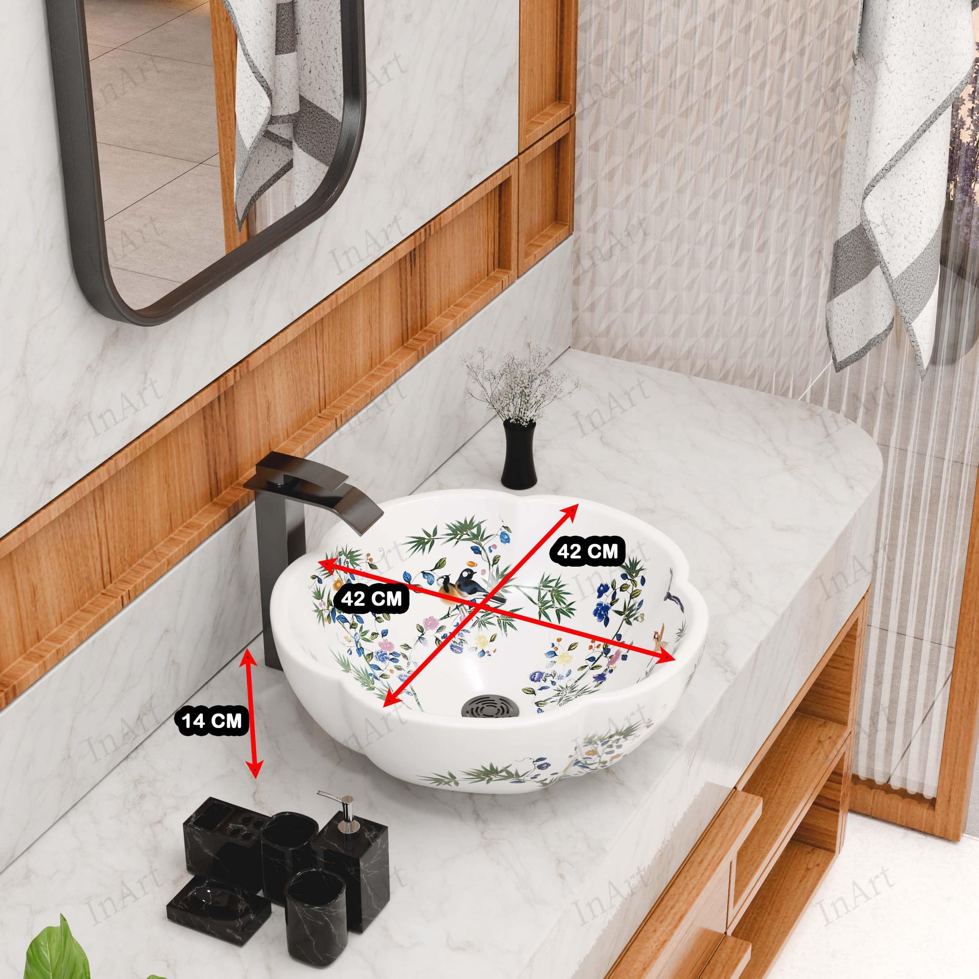 Vessel bowl vanity angle view of round glossy white ceramic Moroccan floral countertop basin, 42 x 42 cm
