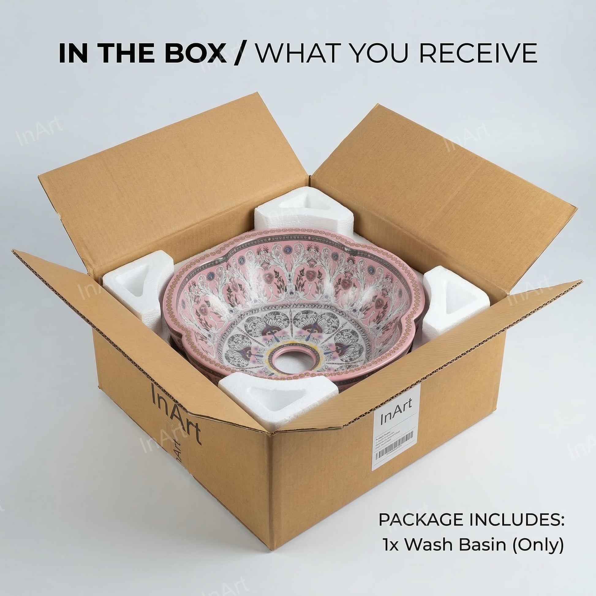 InArt Glossy Pink Ceramic Round Vessel Sink – Sink on Top of Vanity, 16" Scalloped, additional product view 8