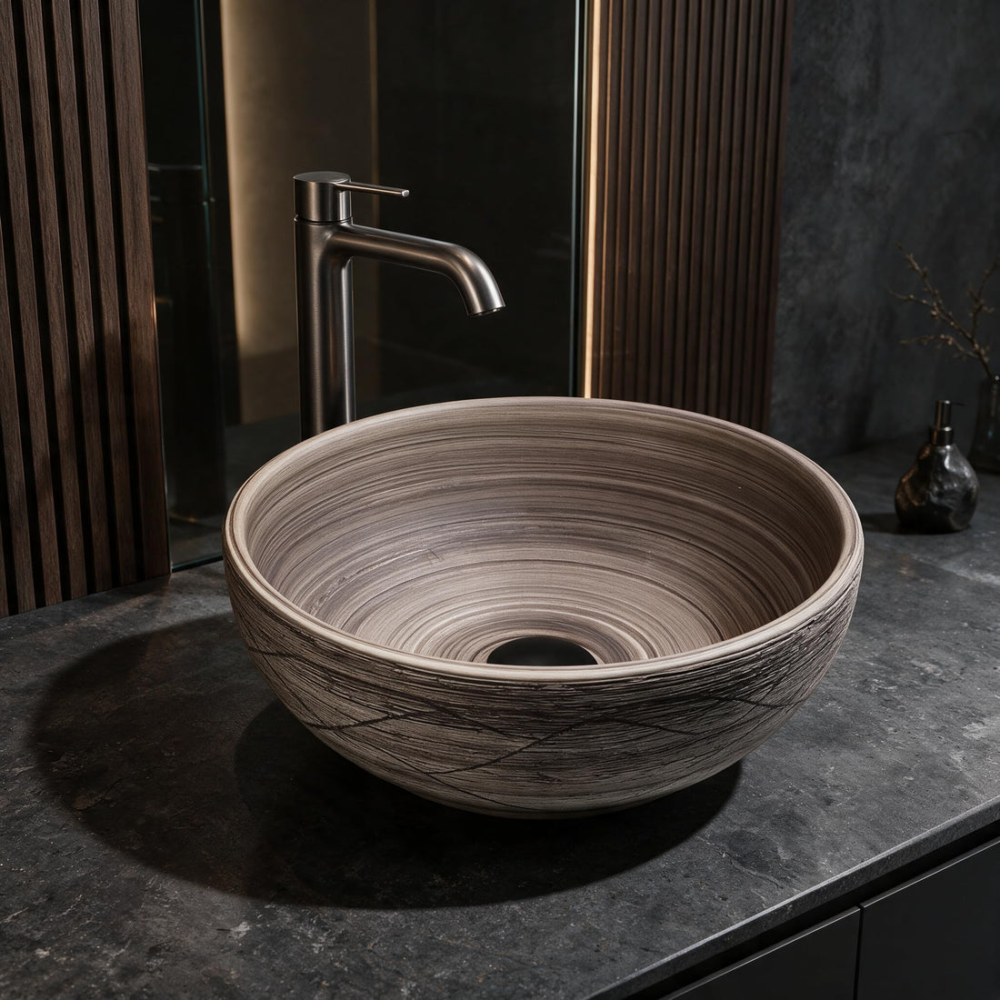 Natural oak brown round ceramic vessel sink installed on a dark bathroom vanity