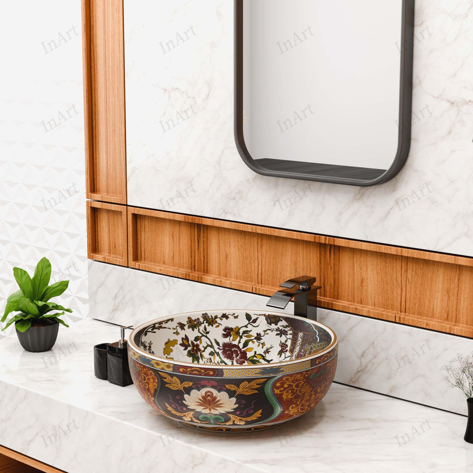 InArt Glossy Multicolor Ceramic Round Vessel Sink – Hand-Painted Pattern, 16.5", additional product view 9
