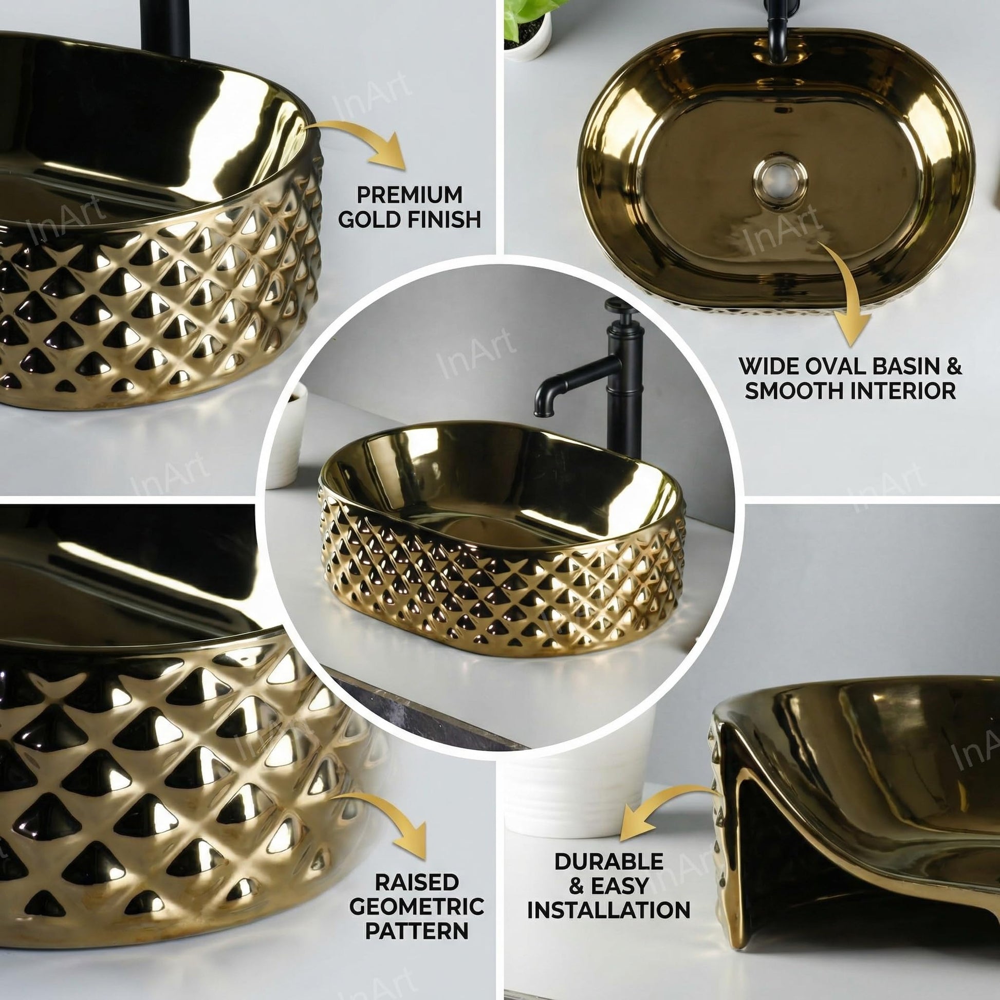 Bathroom vanity vessel sink side angle, InArt oval ceramic vessel bowl sink in glossy gold