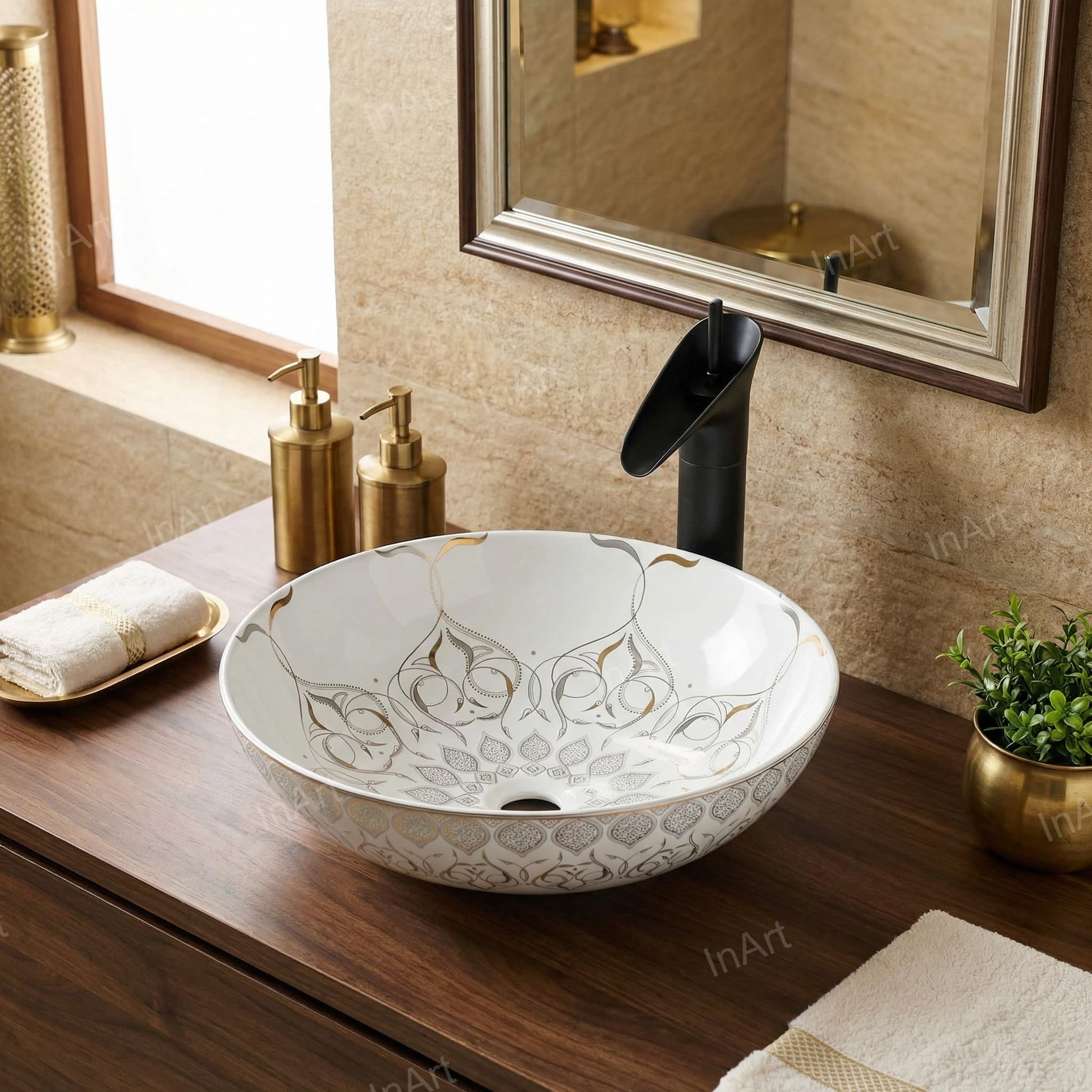 InArt bath vessel sink top view, round basin with glossy white finish and gold accent rim