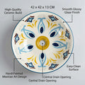 Bathroom basin bowl side angle, round ceramic vessel sink in Mexican blue patterned finish