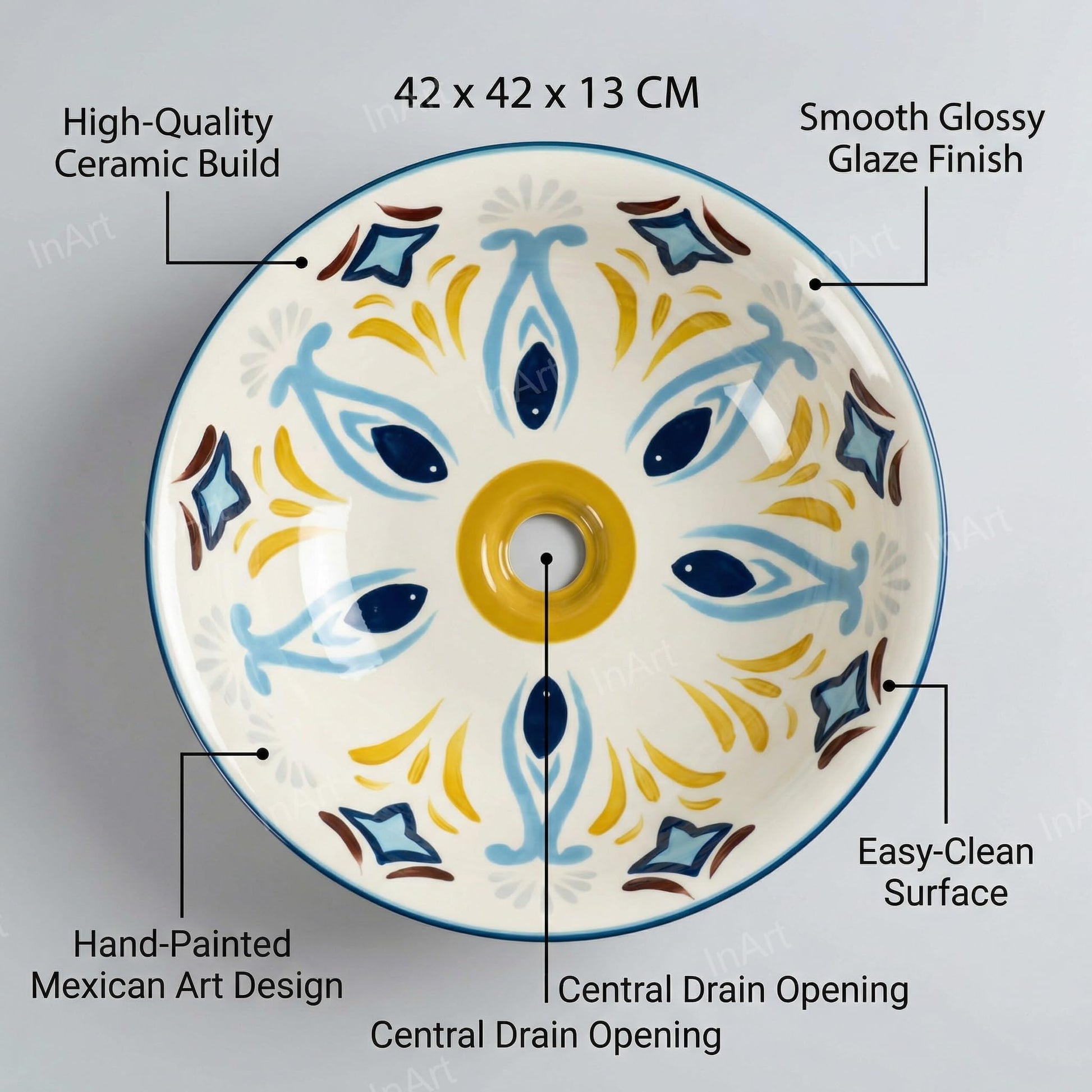 Bathroom basin bowl side angle, round ceramic vessel sink in Mexican blue patterned finish