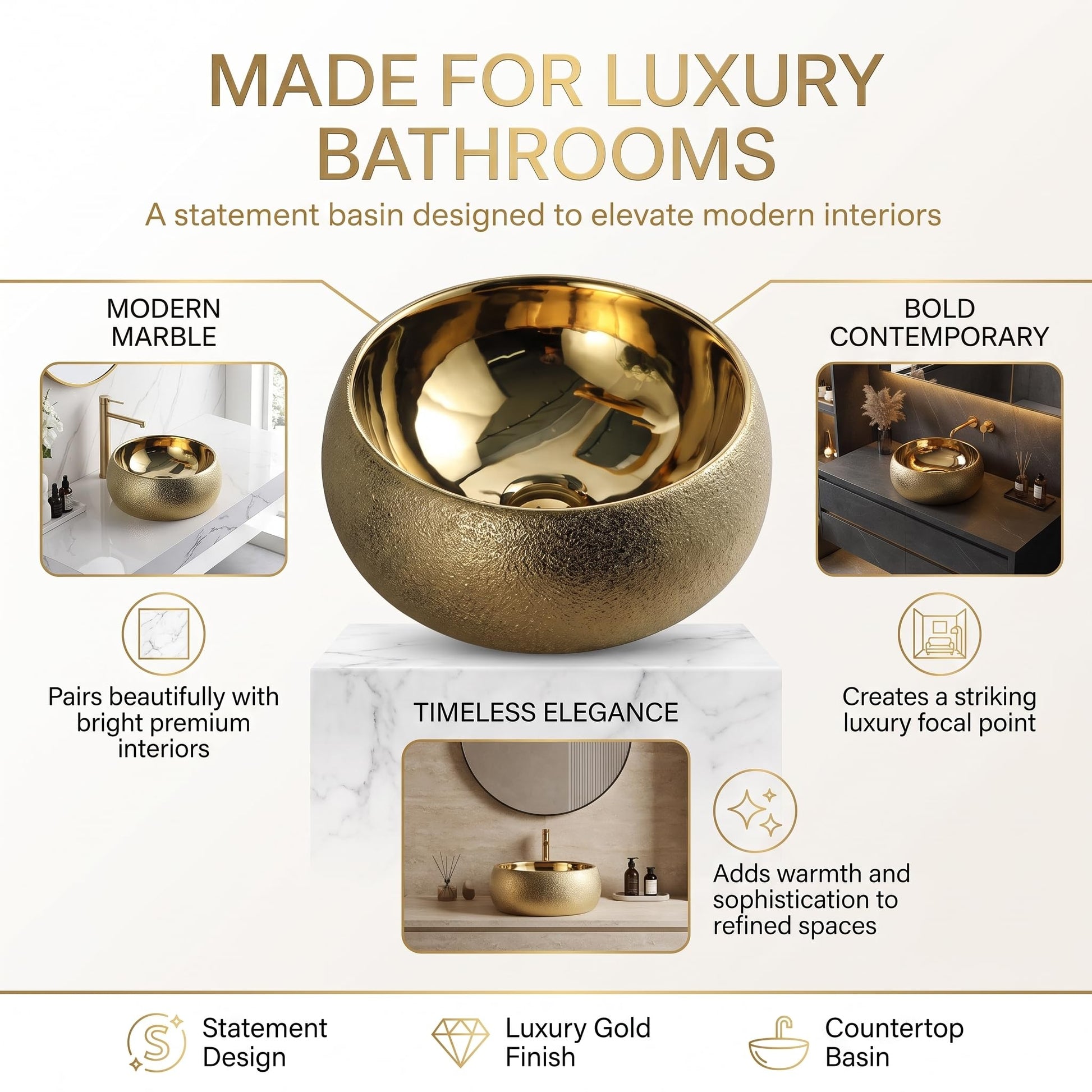 InArt Round Bathroom Ceramic Vessel Sink Art Basin in Gold Color, additional product view 7