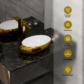 Close-up gold rim detail on glossy white oval ceramic vessel sink for vessel sink on vanity