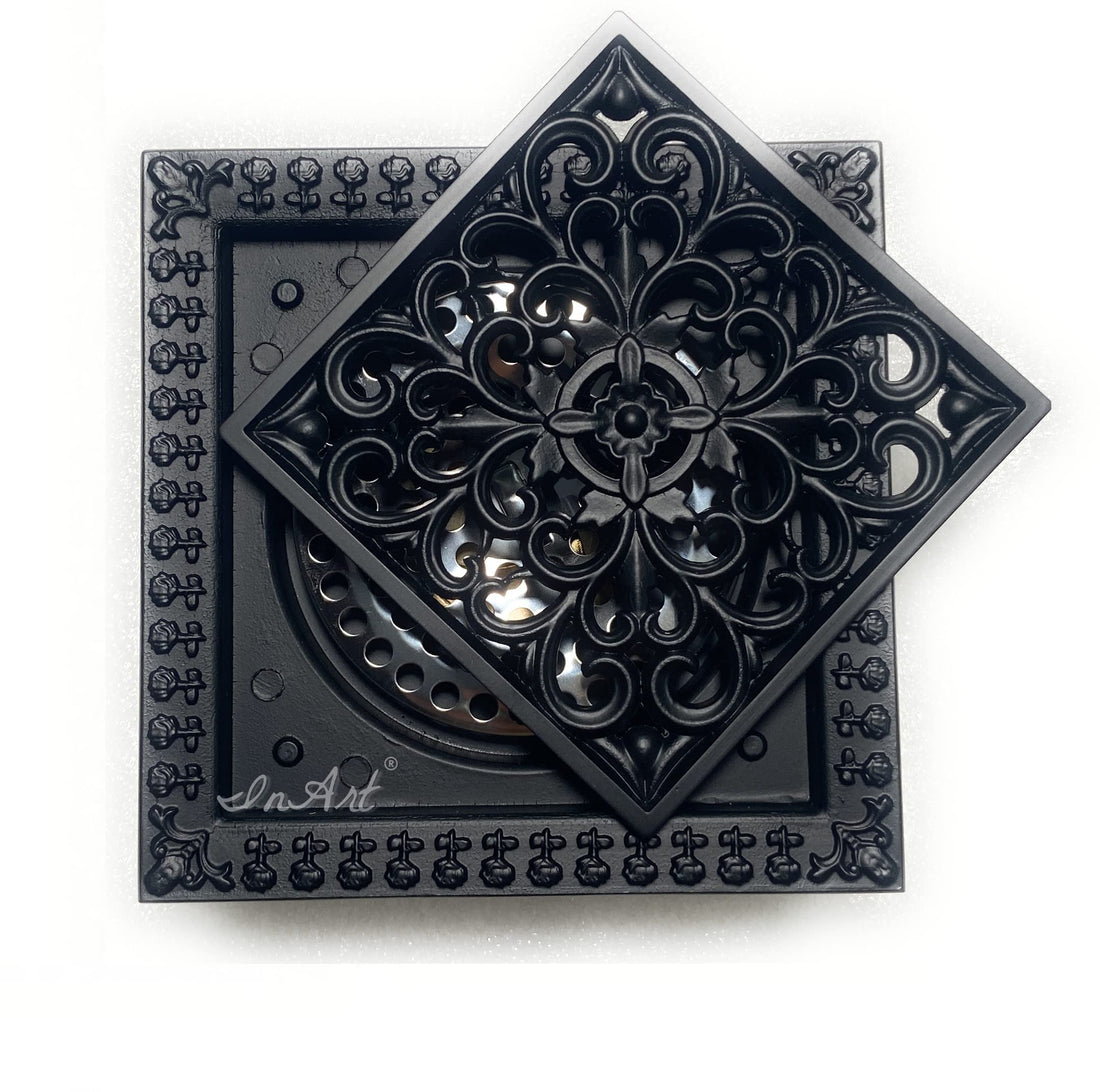 Matte black brass square shower drain cover with ornate floral grate, 5 inch floor drain