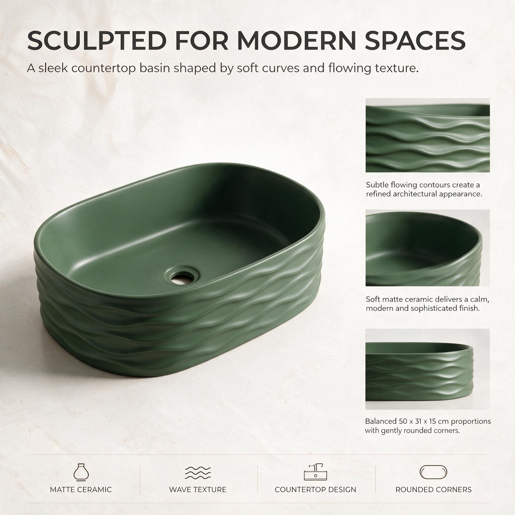 Sage Green Rounded Rectangular Ceramic vessel bathroom sink, additional product view 2