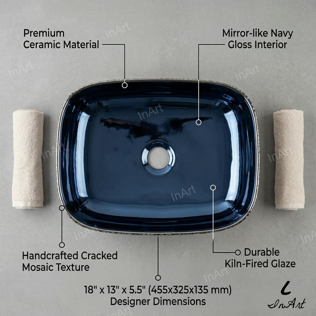 Blue Rectangular Ceramic vessel bathroom sink