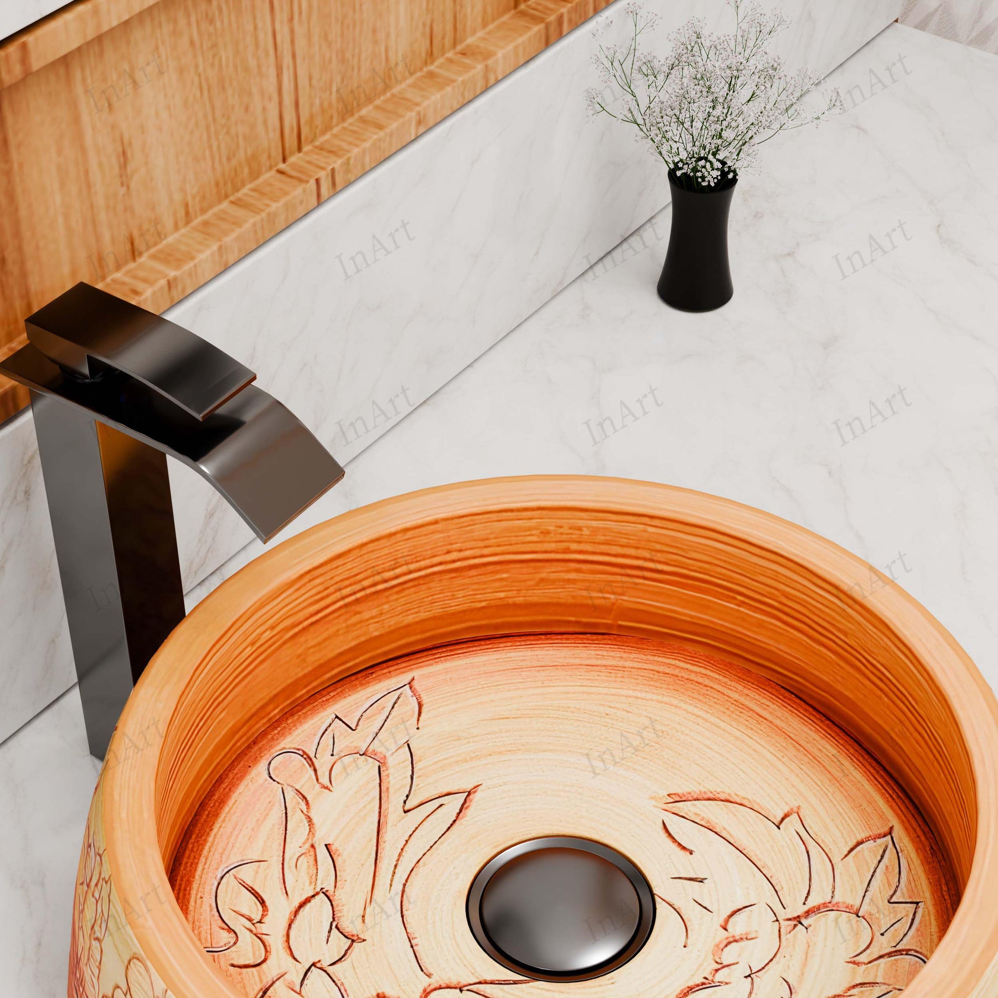InArt Wood-Tone Ceramic Round Vessel Sink – Floral Art Design, 16.5", additional product view 5