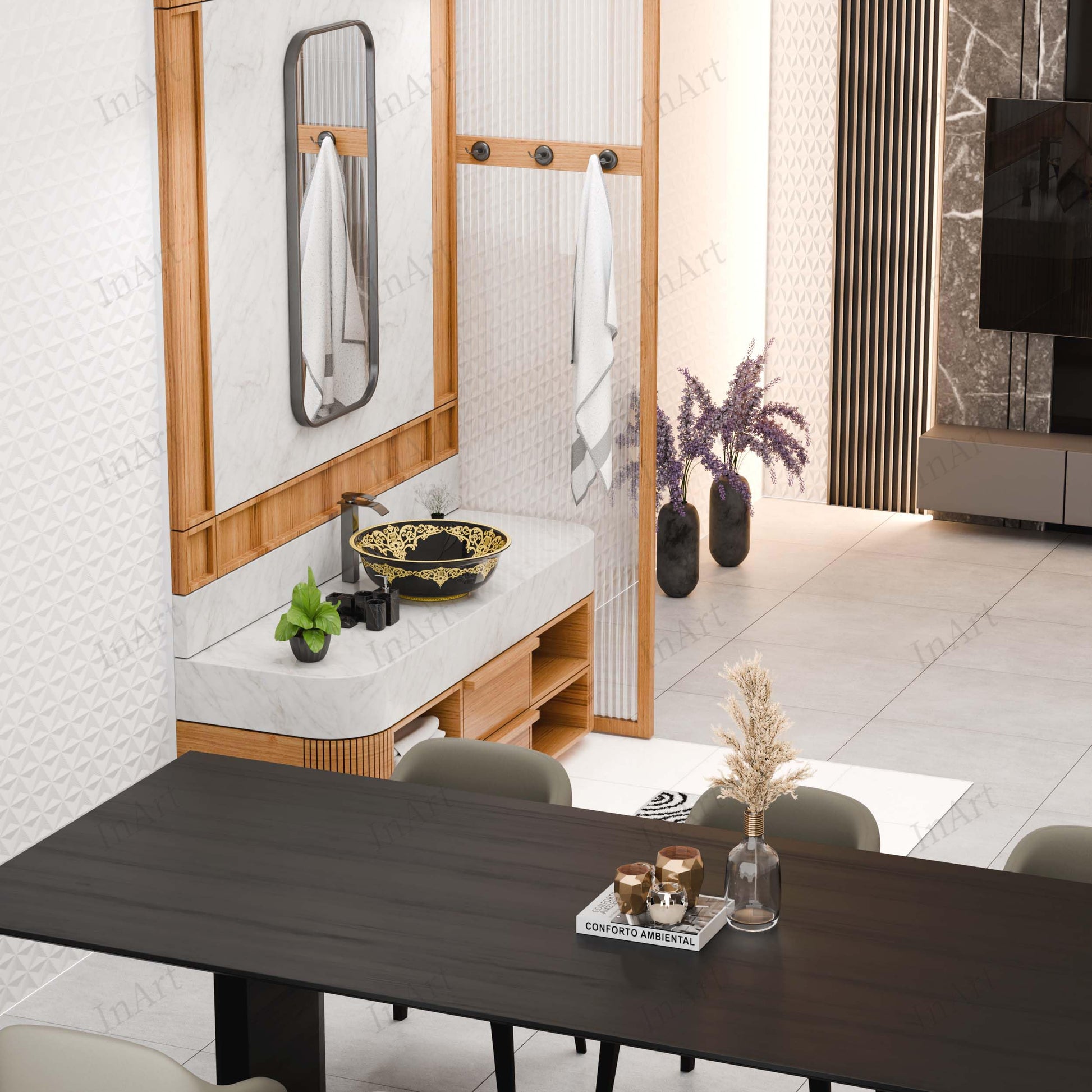 Sinks that sit on top of counter for hotel bath, InArt Moroccan round ceramic vessel basin black gold