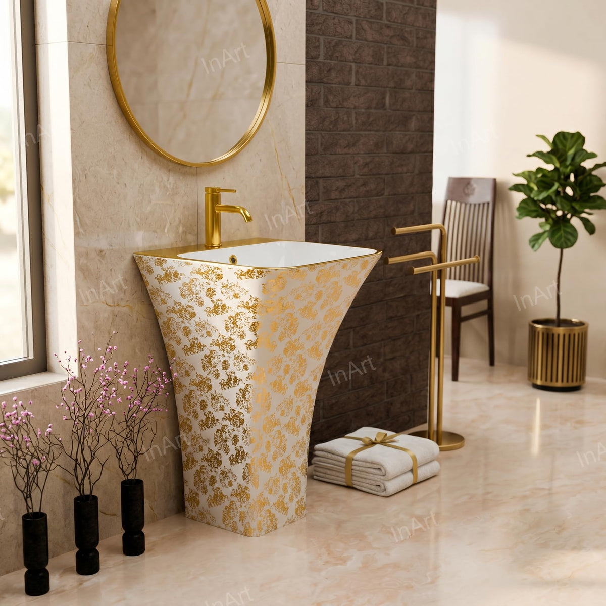 InArt Basin Pedestal Sink - Standing Bathroom Sink Gold White 45x43 CM, additional product view 2