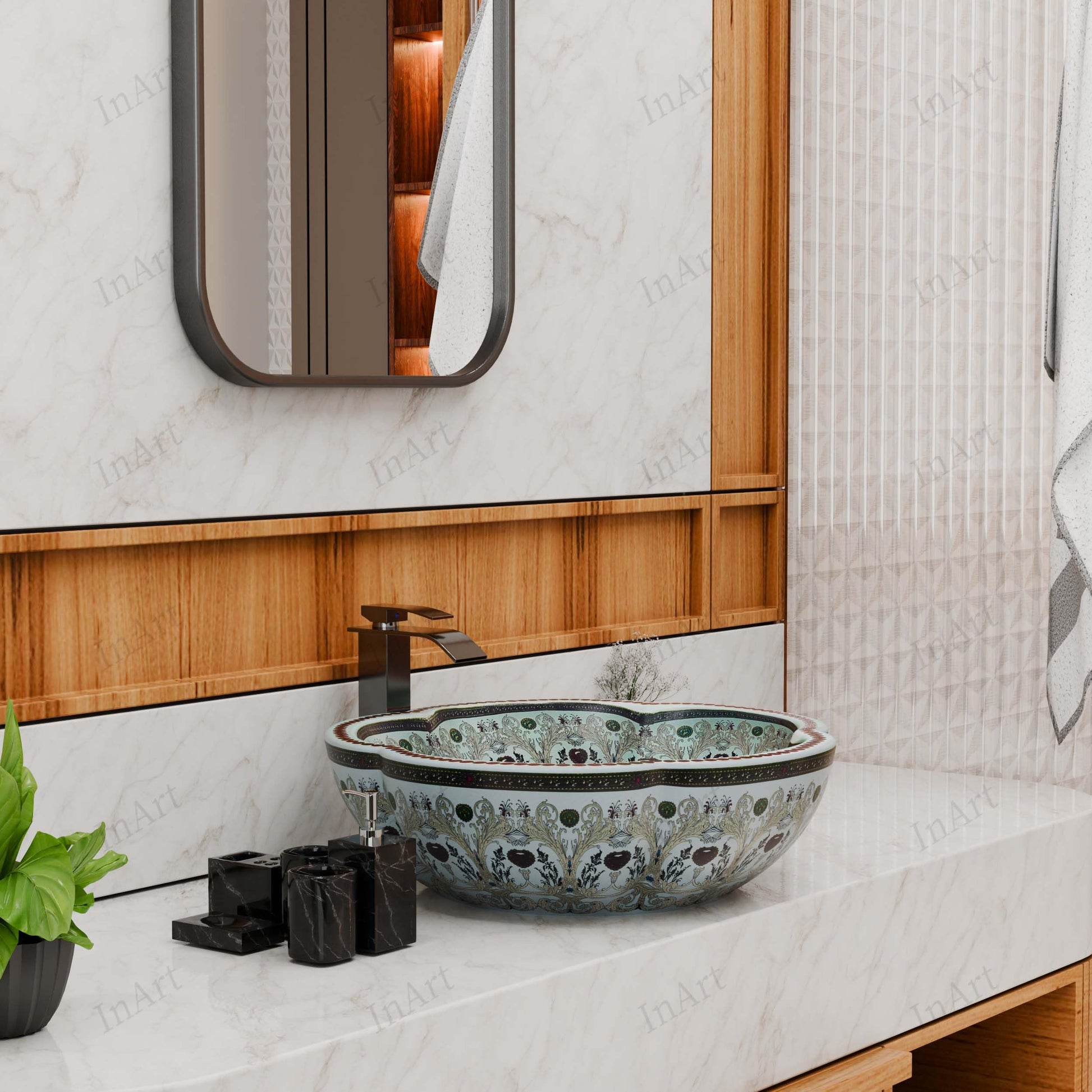 Sink bathroom bowl on vanity, round ceramic over counter bathroom sink with European style light blue pattern