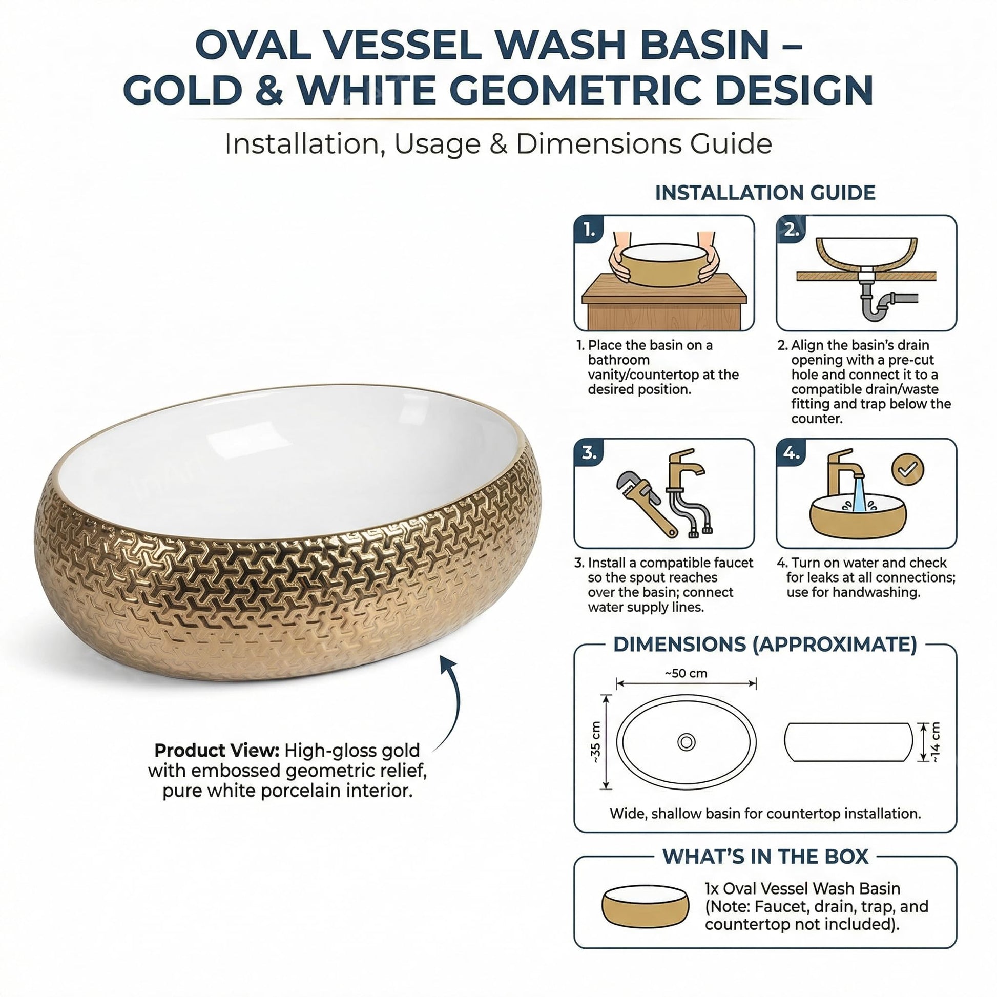 Gold wash basin bowl close-up, glossy gold ceramic vessel sink surface detail