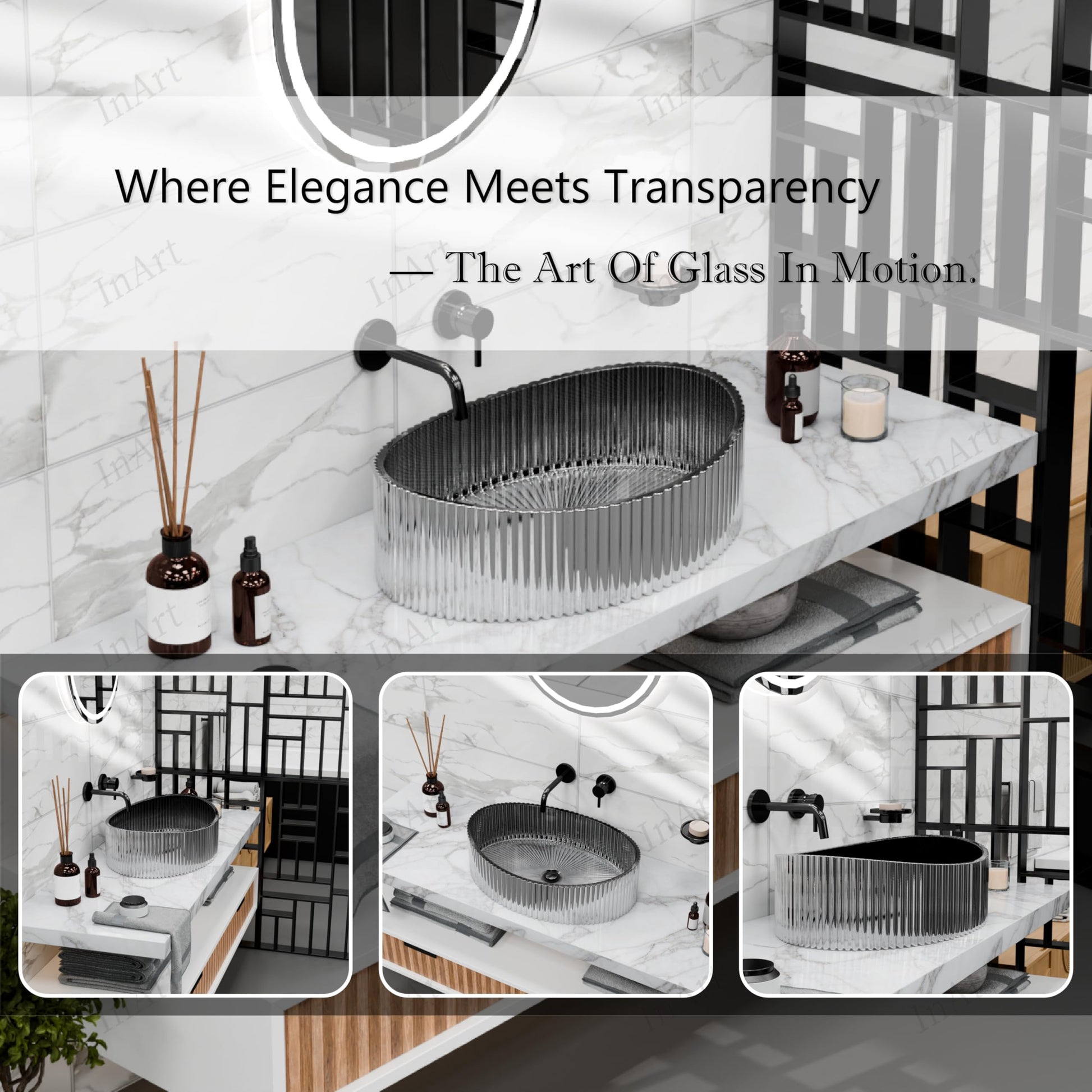 InArt Smoked Tempered Glass Oval Vessel Sink – Ribbed Texture, 19.7"x14.6", additional product view 6
