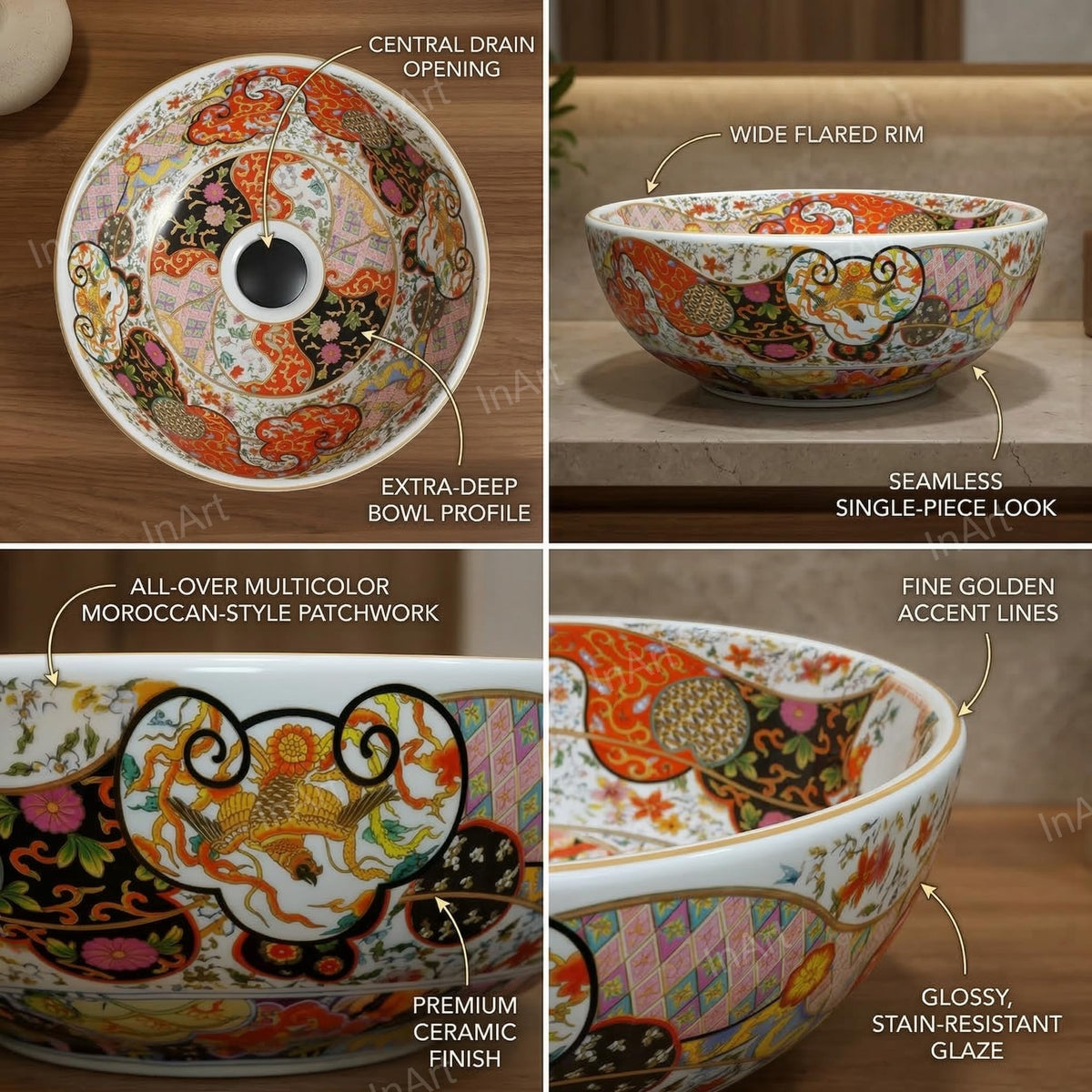 InArt Glossy Moroccan Ceramic Round Vessel Sink – Decorative Pattern, 15.75", additional product view 3