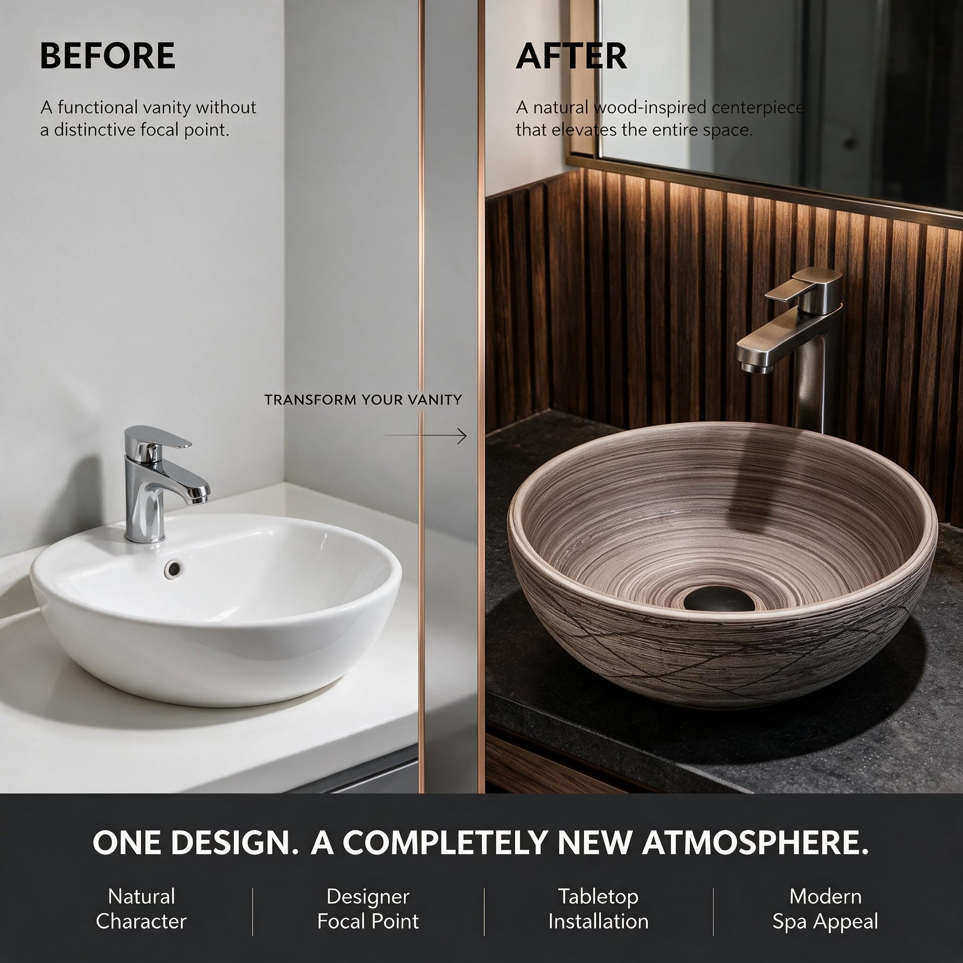 Bathroom vanity before and after adding the natural wood-look vessel sink