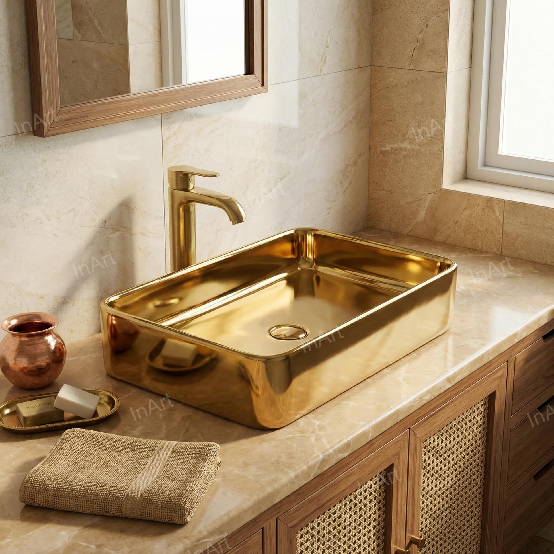 Gold Rectangular Ceramic vessel bathroom sink, additional product view 5