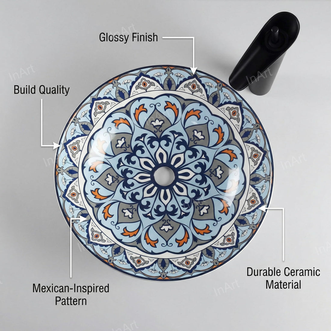 Ceramic vessel sink InArt blue Mexican pattern round tabletop wash basin 40.5 cm