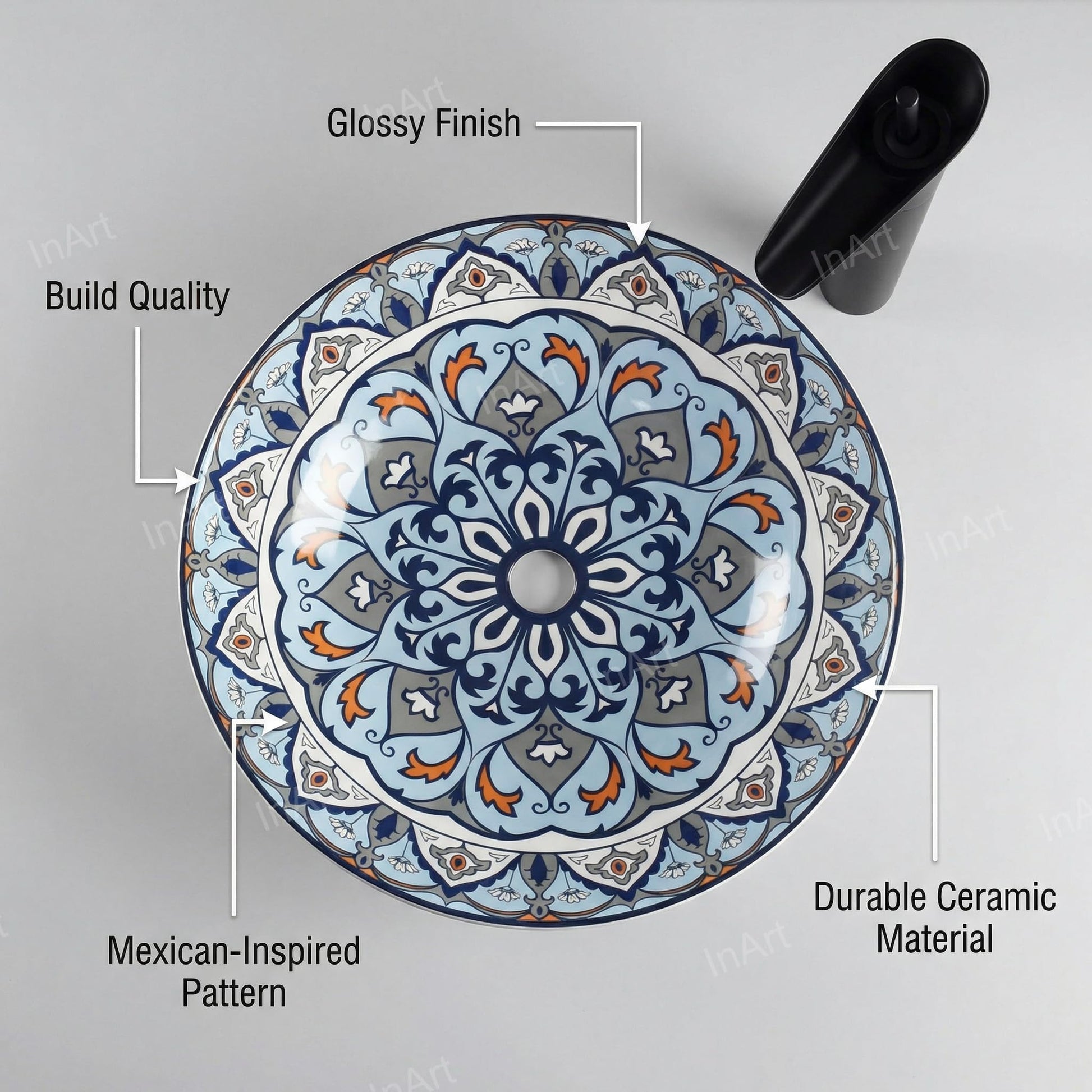 Round vessel sink angle view, glossy blue Mexican ceramic bowl sink for bathroom vanity