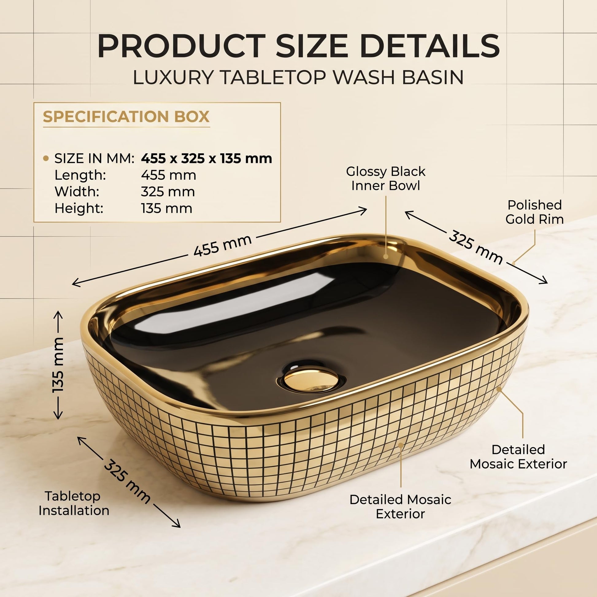 Black and Gold Rectangular Ceramic vessel bathroom sink, additional product view 3