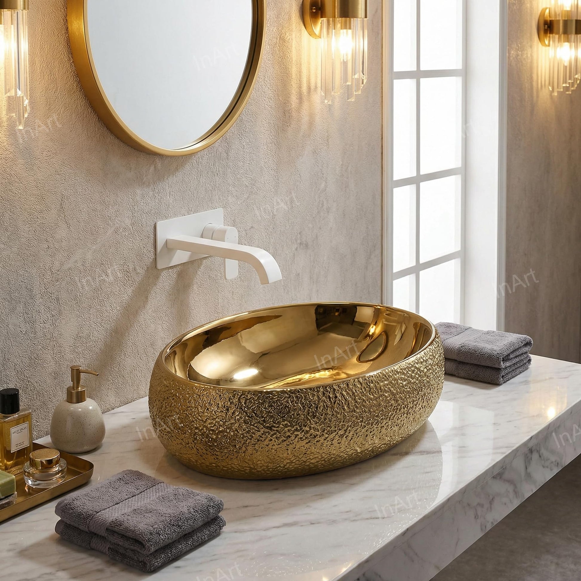 Close-up of gold glazed rim on oval ceramic vessel sink, above counter sink detail for modern vanity