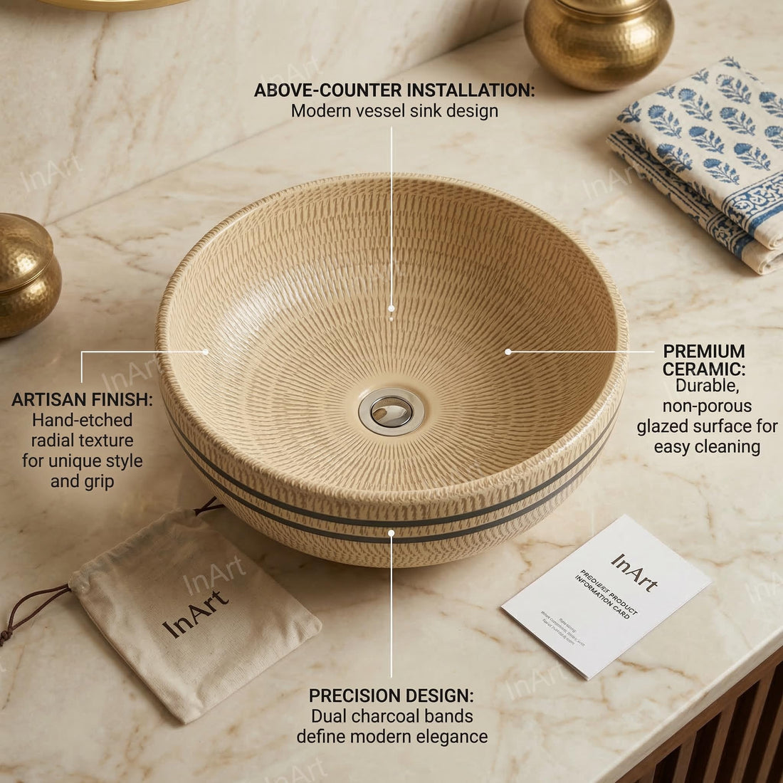 InArt Vessel Sinks for Bathroom 15.75" – Ceramic, Beige Satin, Textured Pattern
