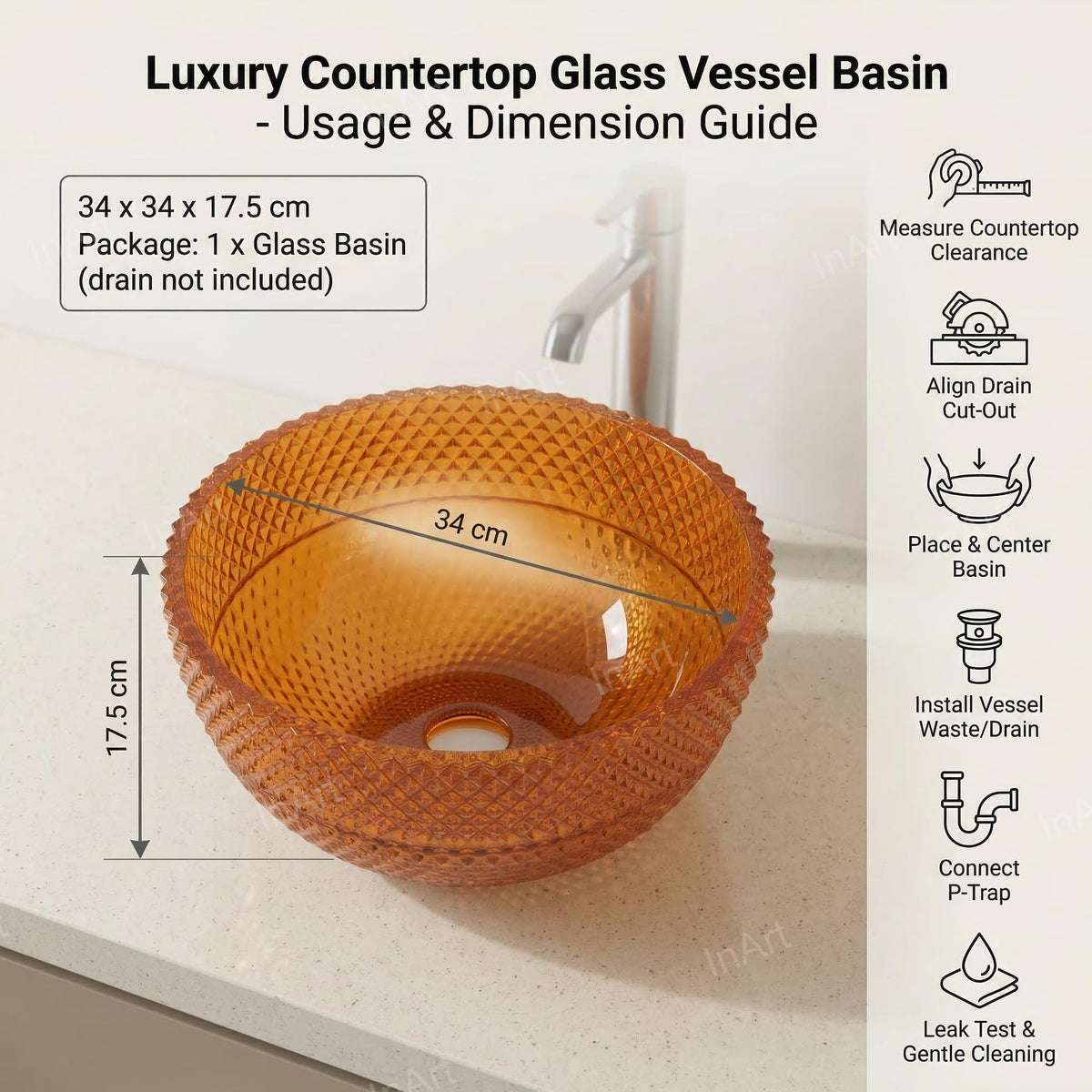 InArt Amber Orange Glass Vessel Sink for Countertop Bathrooms, 13.4 Inch, additional product view 6