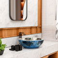 Vessel bowl vanity close-up showing glossy ceramic finish and blue floral Moroccan pattern, round basin