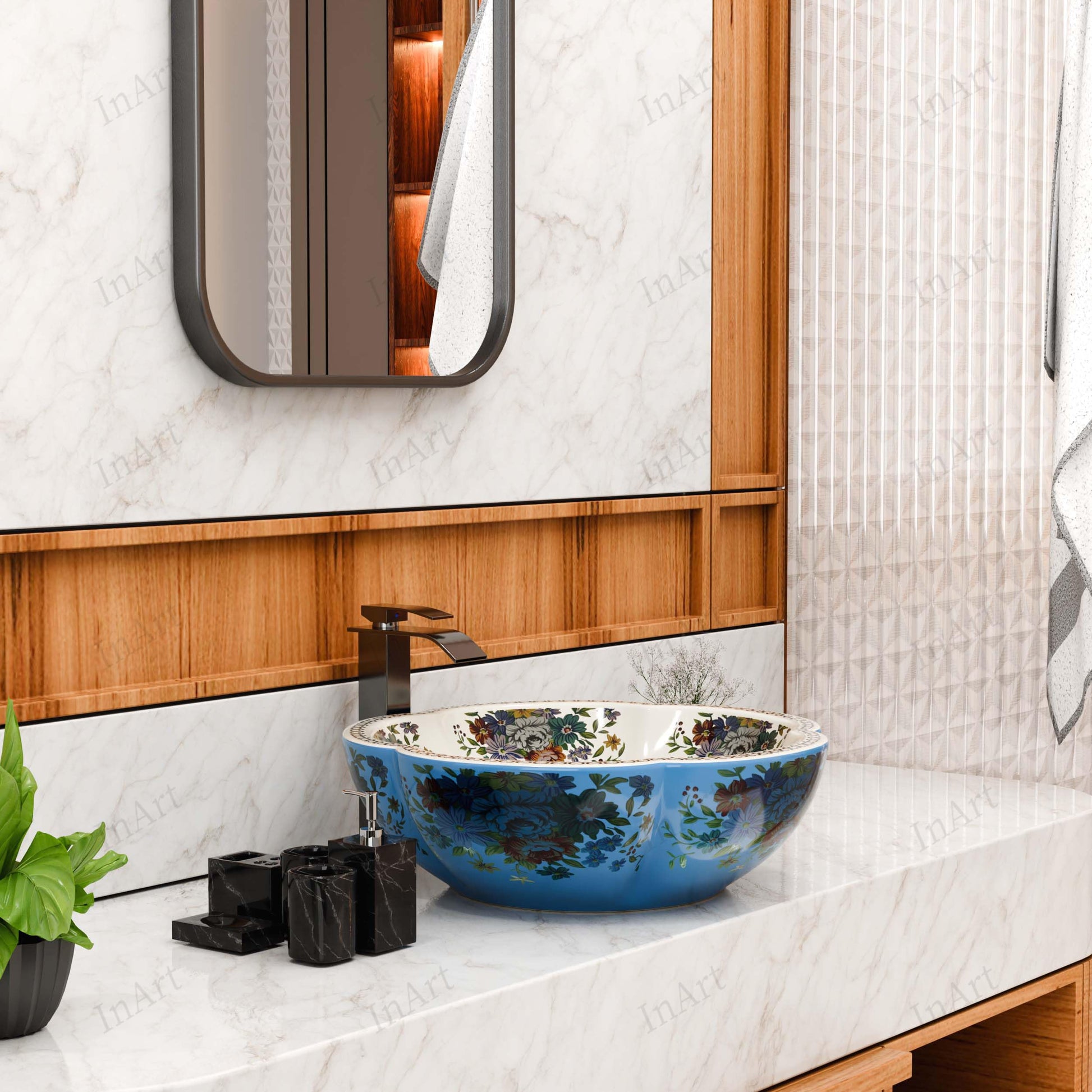 Vessel bowl vanity close-up showing glossy ceramic finish and blue floral Moroccan pattern, round basin