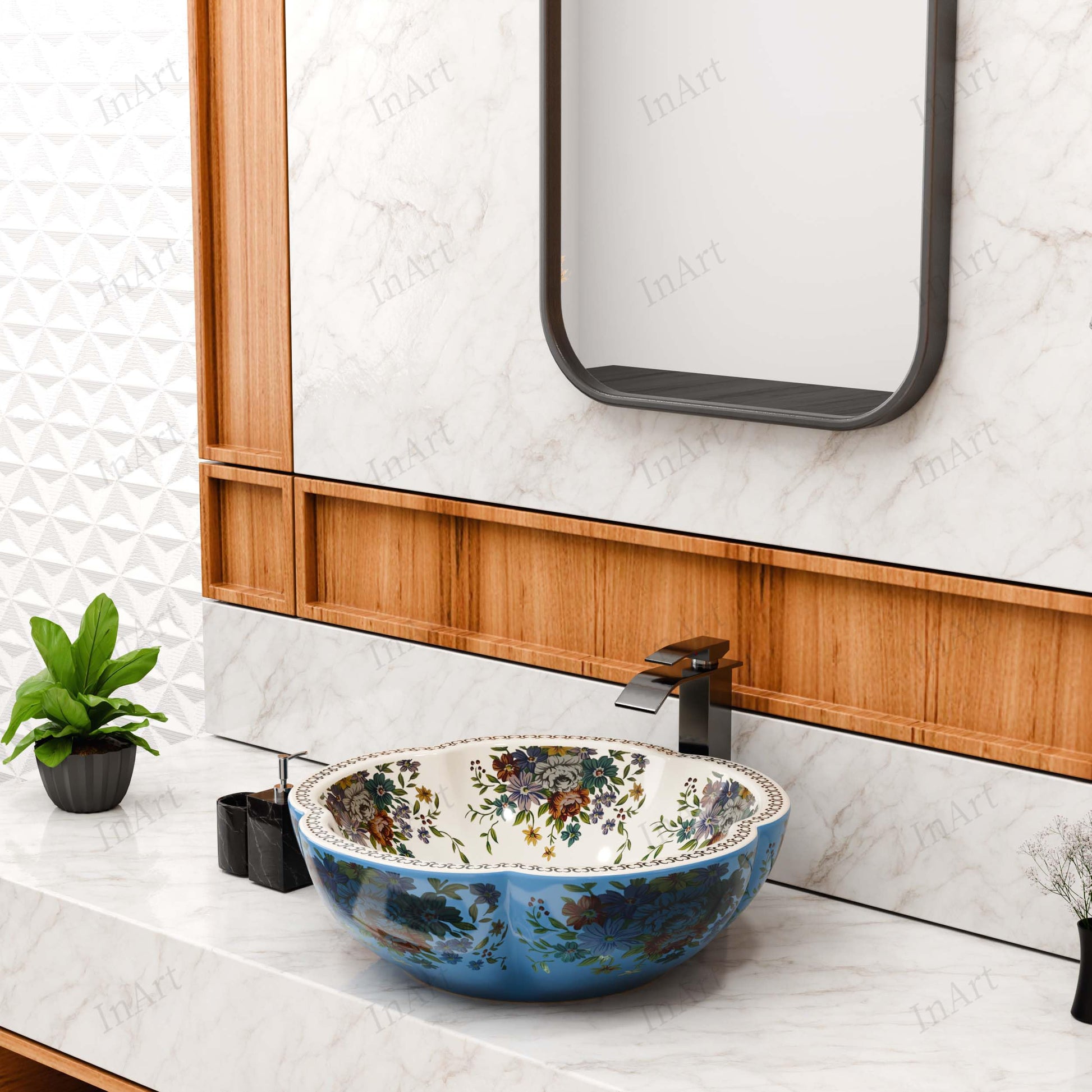 Luxury bathroom vanity look with round ceramic vessel sink bowl, blue floral patterned countertop wash basin
