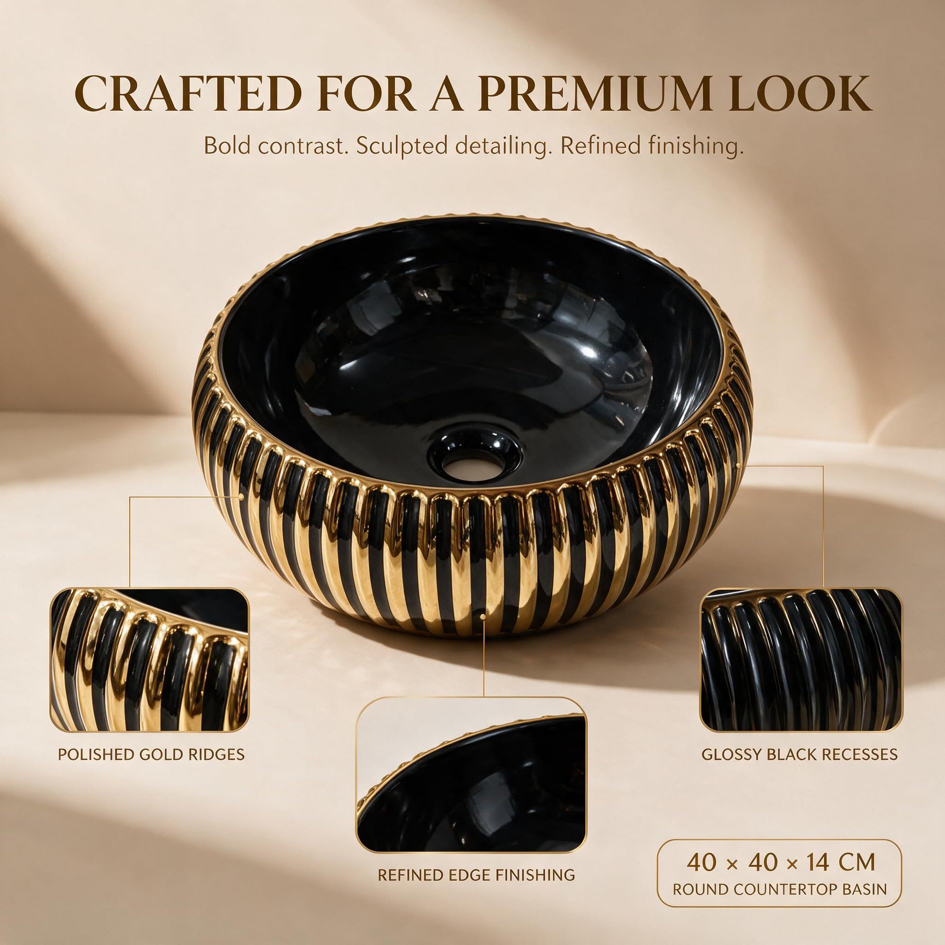 Black and Gold Round Ceramic vessel bathroom sink, additional product view 7