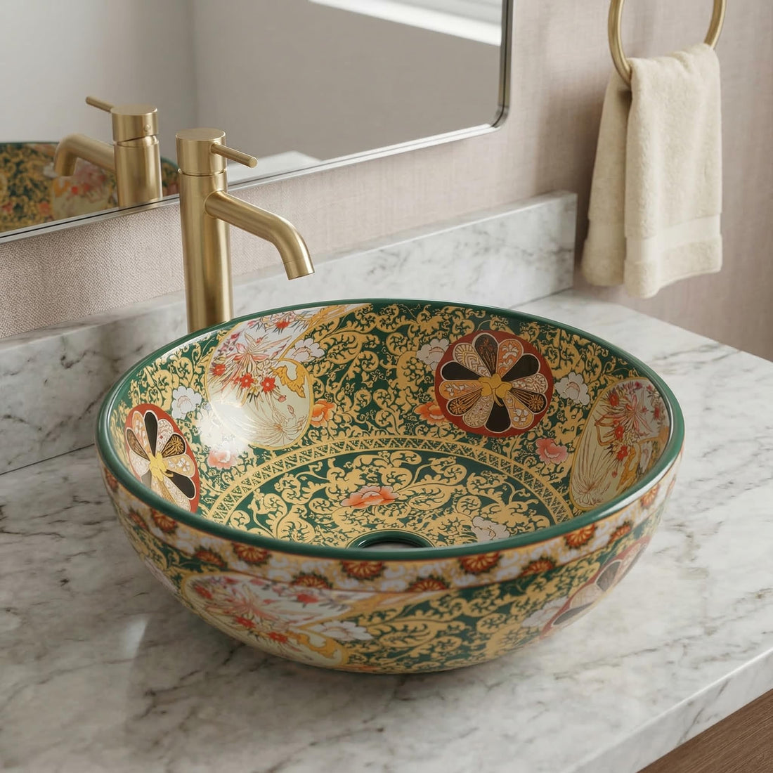 InArt Vessel Sinks for Bathrooms 16.5" – Ceramic, Glossy Green, Patterned Glaze