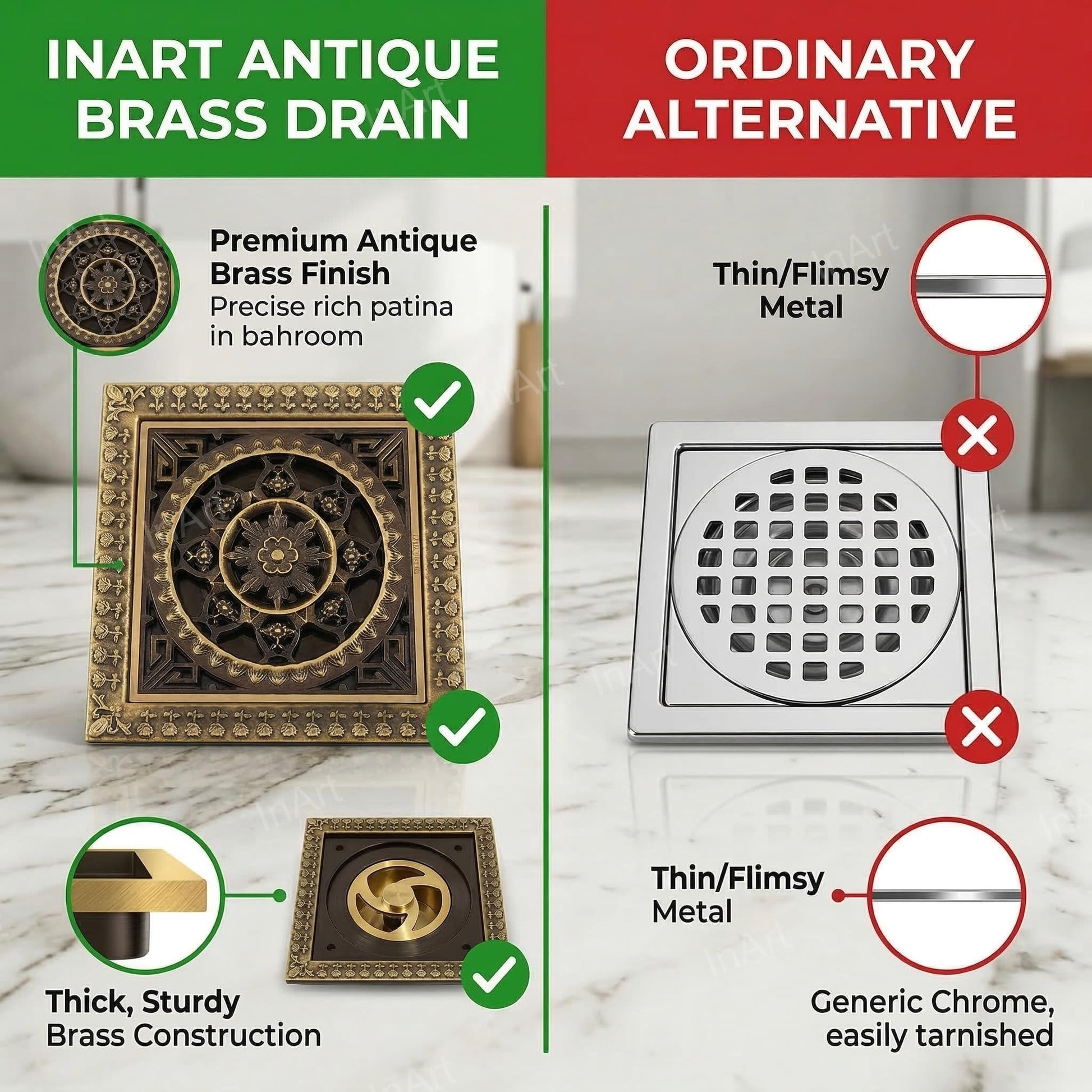 InArt 12 x 4 Inch Square Brass Bathroom Floor Drain with Strainer Grate, additional product view 7