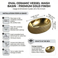 Drain opening detail on oval ceramic vessel sink, gold finish above counter bathroom sink bowl for vanity